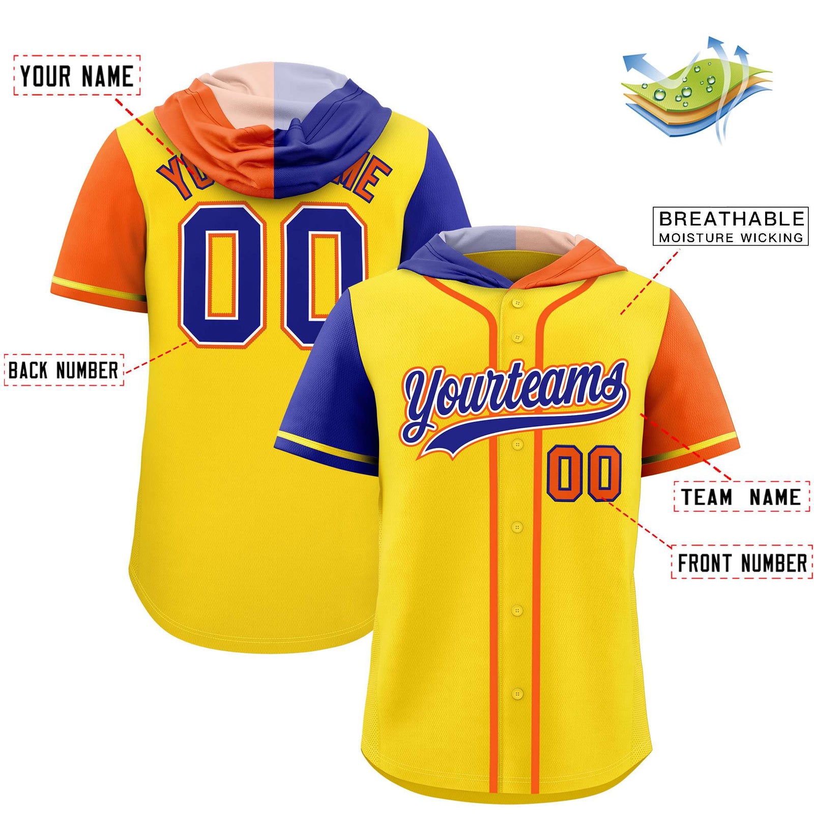 Custom Gold Royal and Orange Split Fashion Raglan Sleeves Authentic Baseball Hoodie Jersey