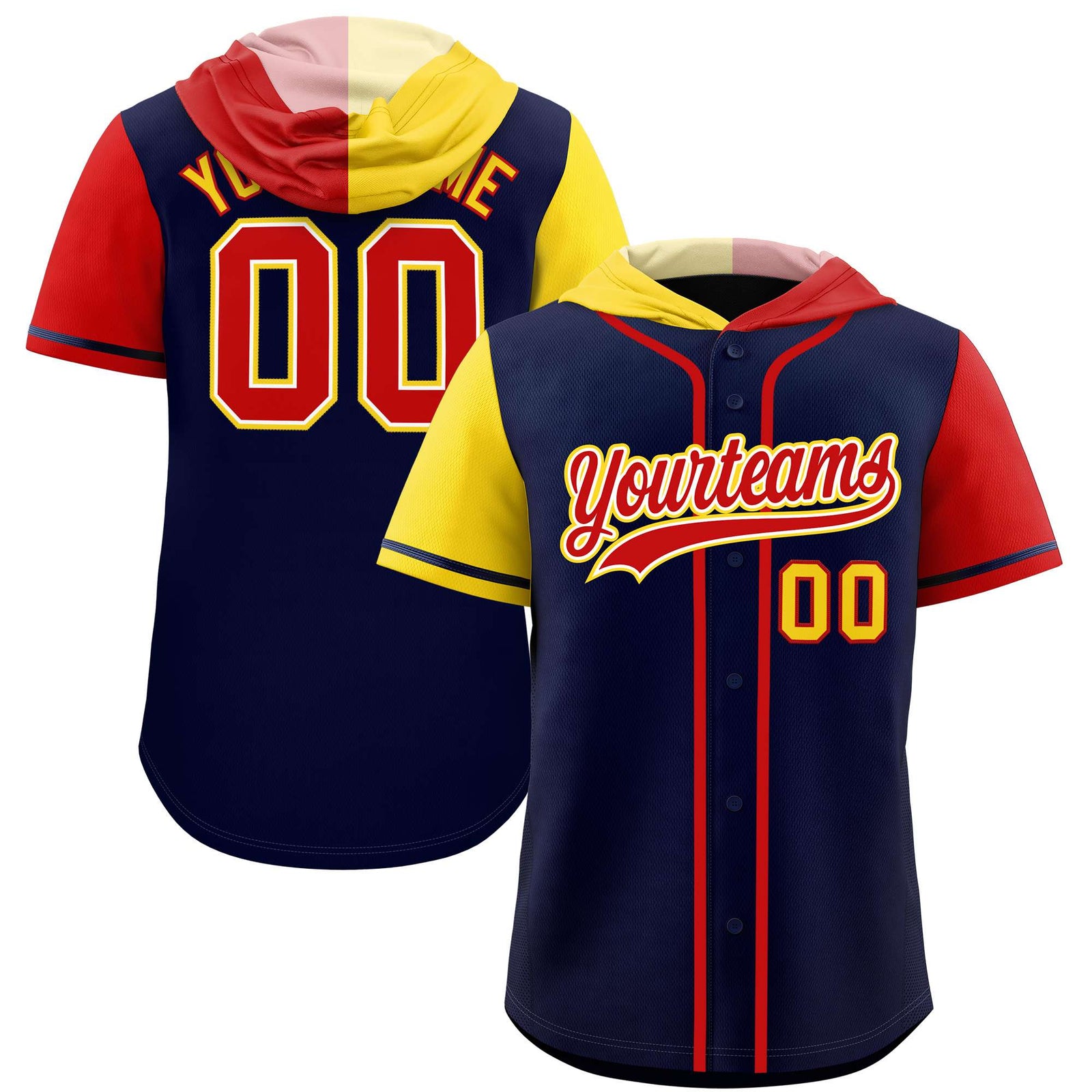 Custom Navy Gold and Red Split Fashion Raglan Sleeves Authentic Baseball Hoodie Jersey