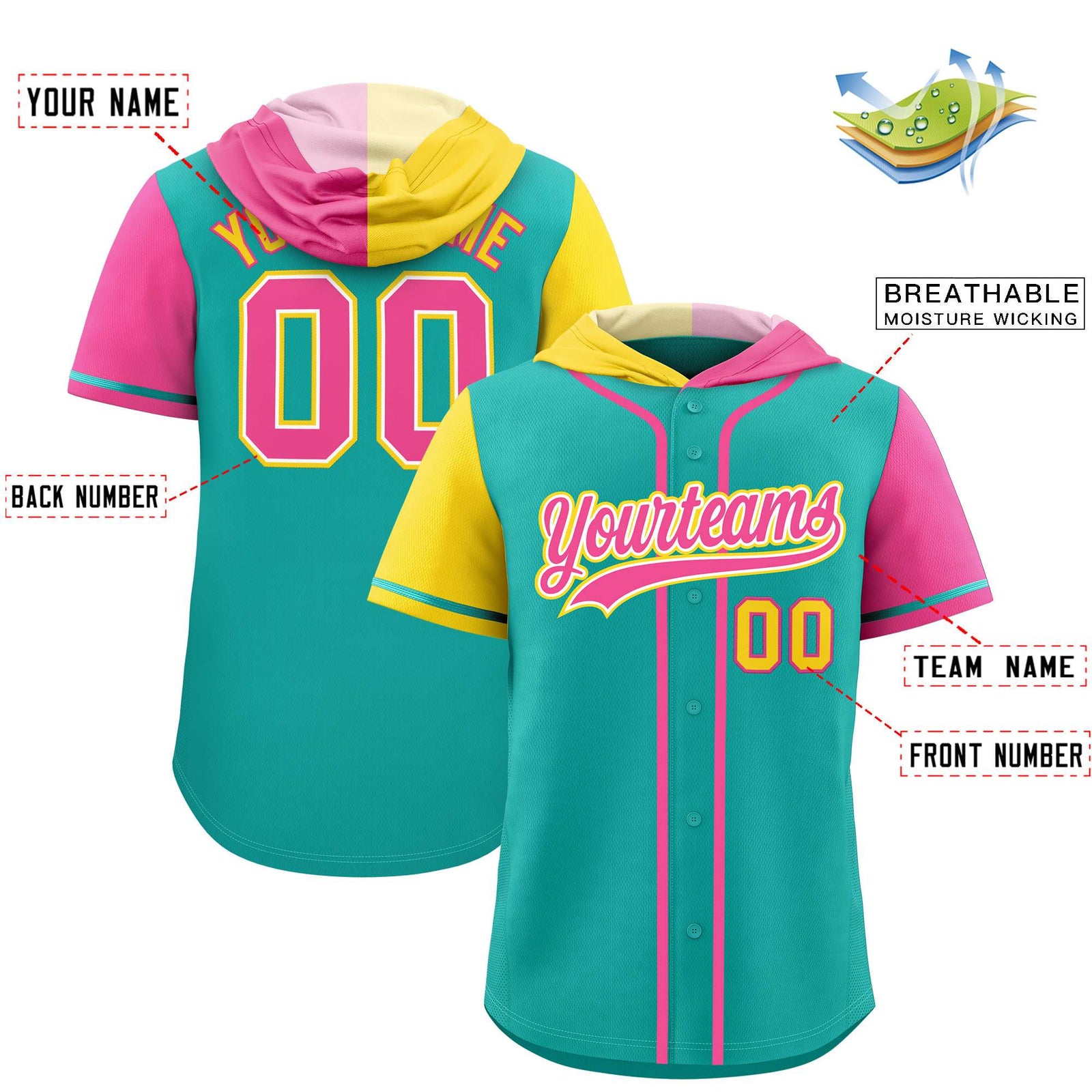 Custom Aqua Gold and Pink Split Fashion Raglan Sleeves Authentic Baseball Hoodie Jersey
