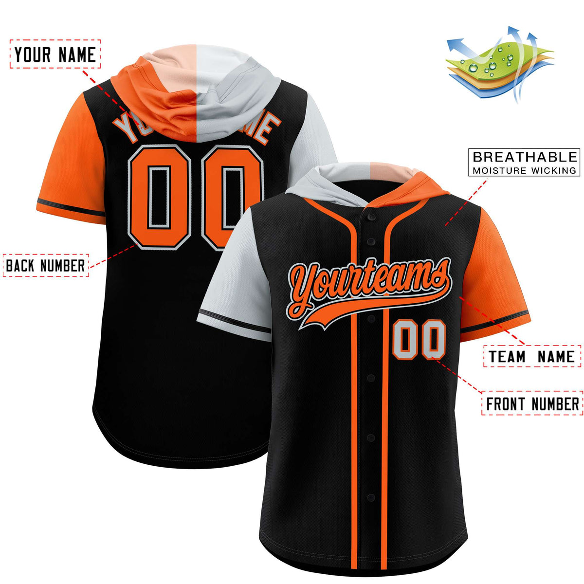 Custom Black Silver and Orange Split Fashion Raglan Sleeves Authentic Baseball Hoodie Jersey