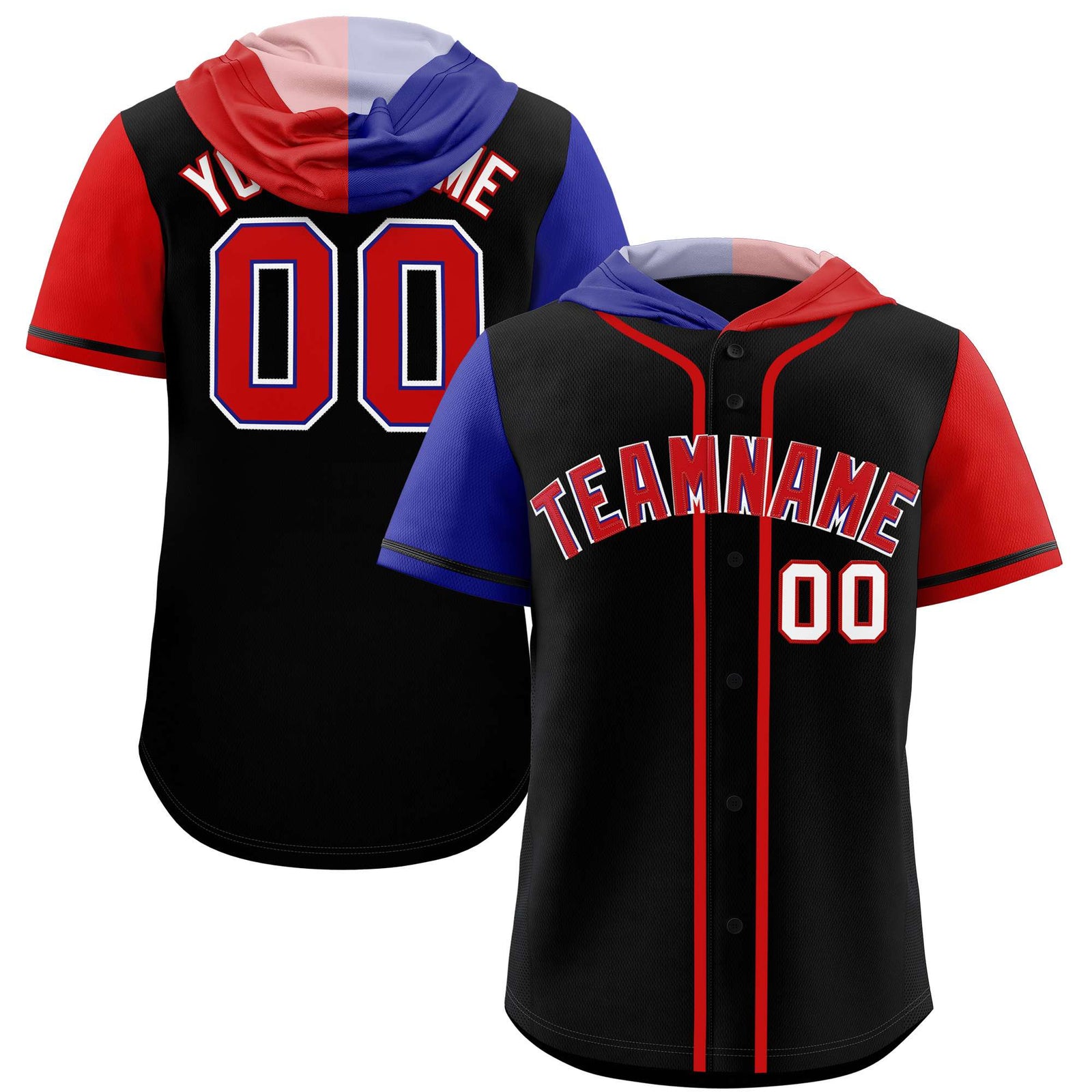 Custom Black Royal and Red Split Fashion Raglan Sleeves Authentic Baseball Hoodie Jersey