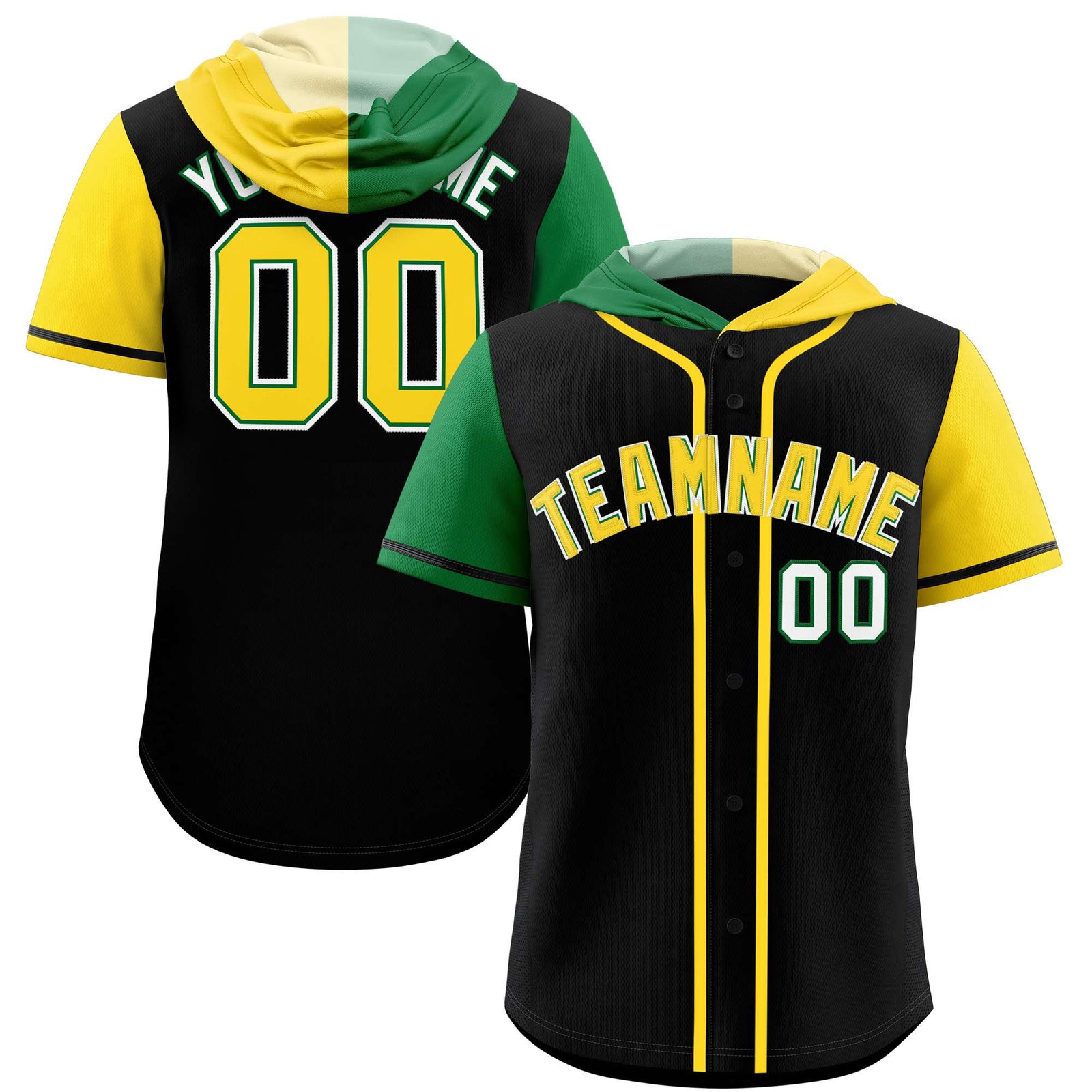 Custom Black Kelly Green and Gold Split Fashion Raglan Sleeves Authentic Baseball Hoodie Jersey