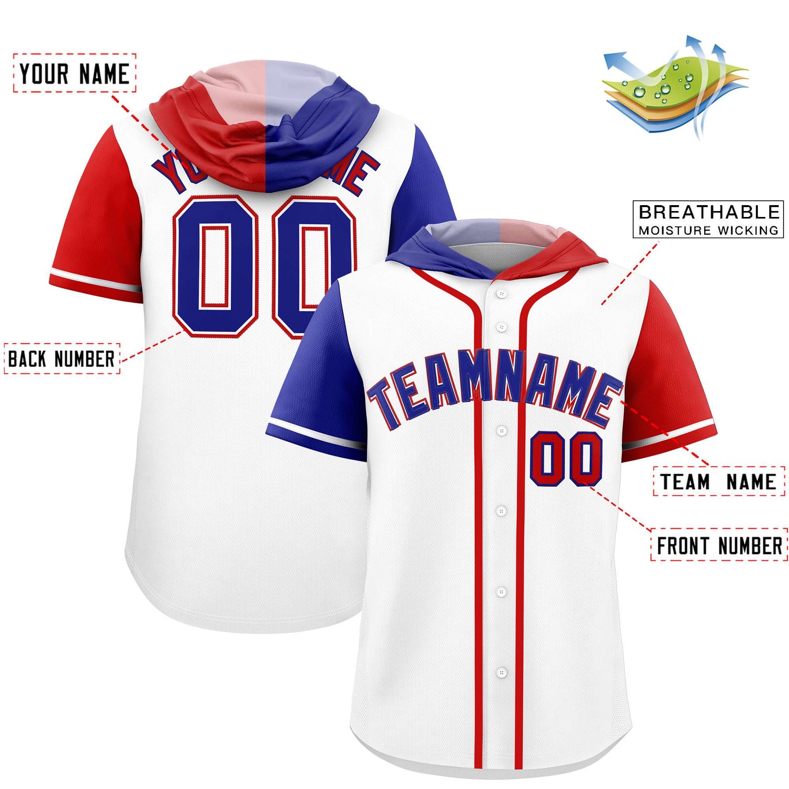 Custom White Royal and Red Split Fashion Raglan Sleeves Authentic Baseball Hoodie Jersey