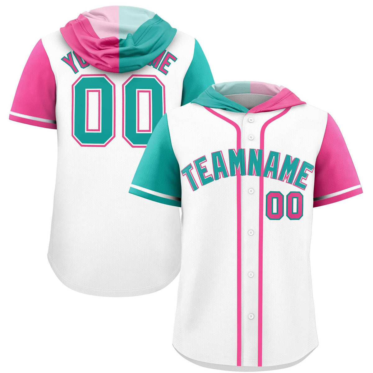 Custom White Aqua and Pink Split Fashion Raglan Sleeves Authentic Baseball Hoodie Jersey