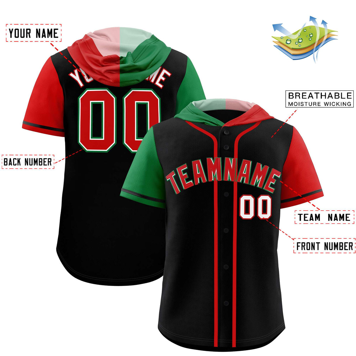 Custom Black Kelly Green and Red Split Fashion Raglan Sleeves Authentic Baseball Hoodie Jersey