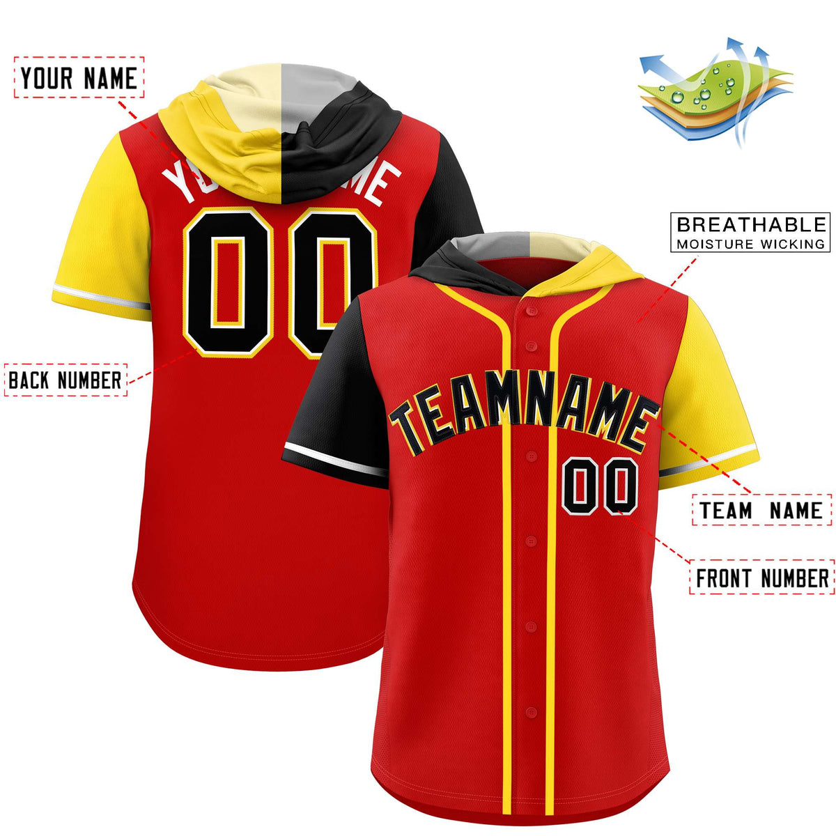 Custom Red Black and Gold Split Fashion Raglan Sleeves Authentic Baseball Hoodie Jersey