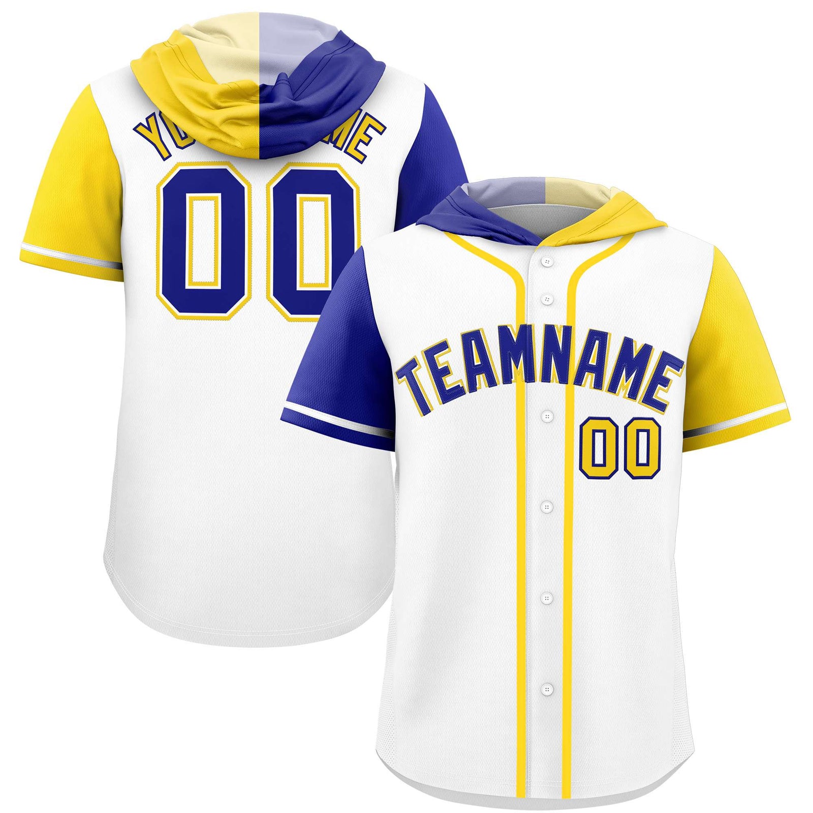 Custom White Royal and Gold Split Fashion Raglan Sleeves Authentic Baseball Hoodie Jersey