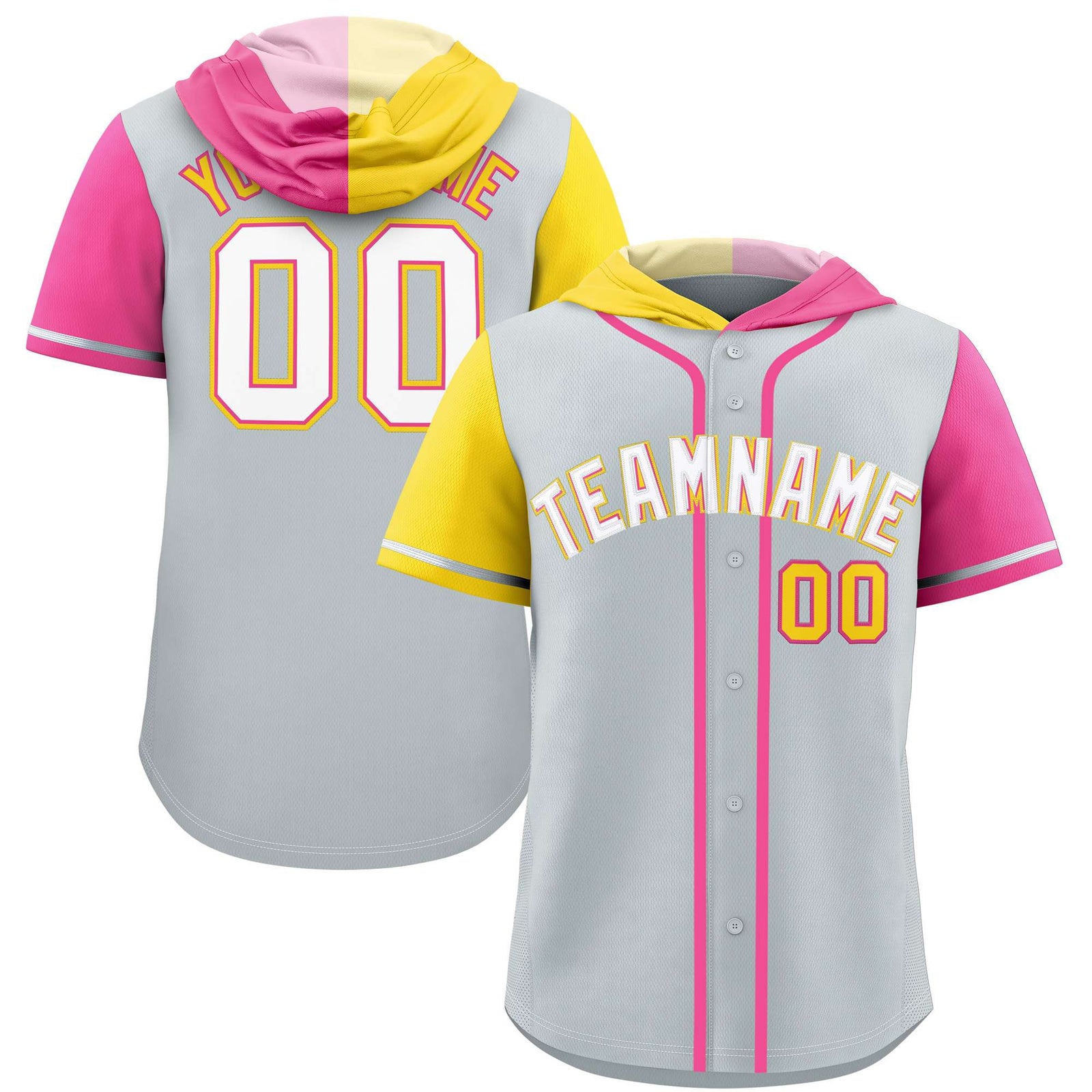 Custom Silver Gold and Pink Split Fashion Raglan Sleeves Authentic Baseball Hoodie Jersey