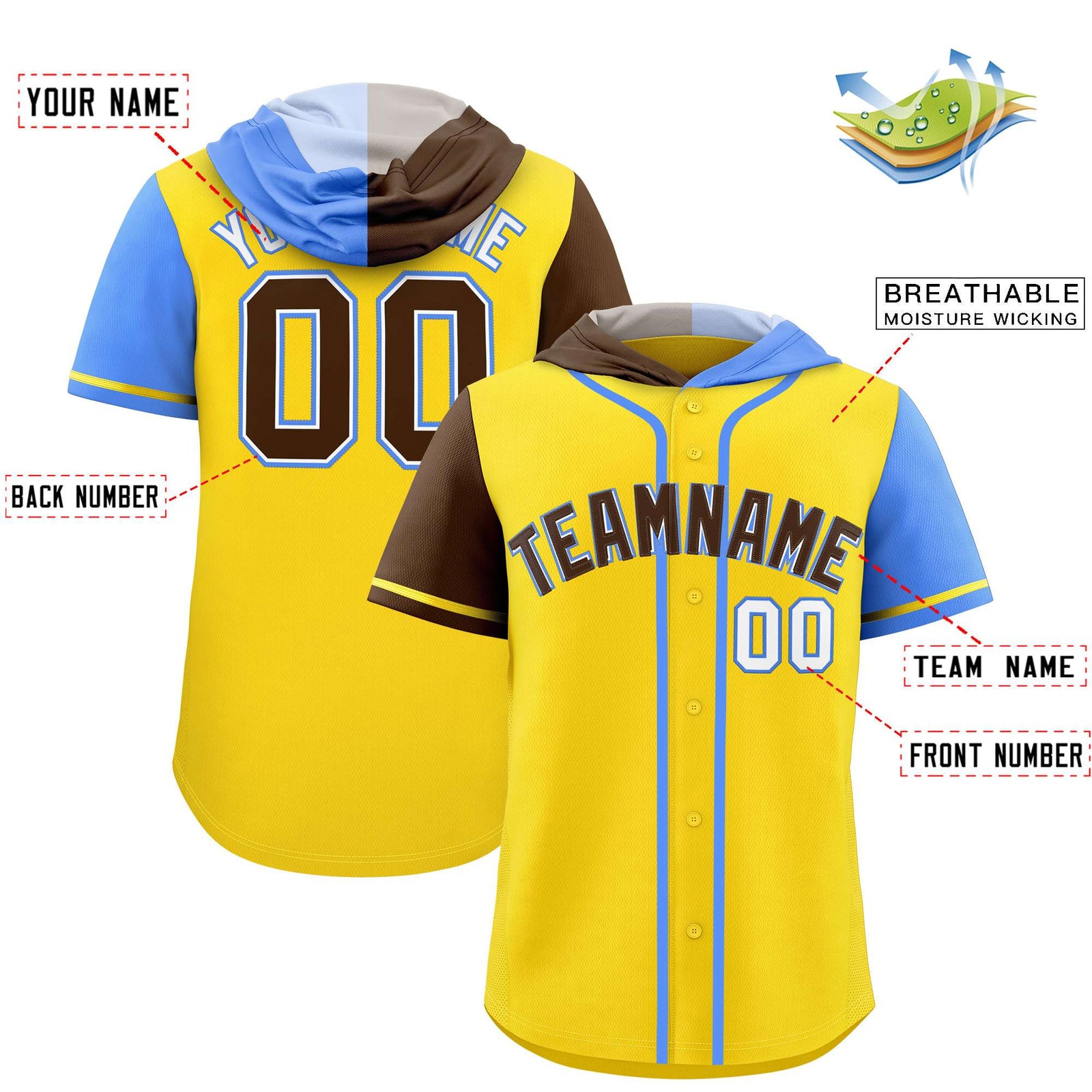 Custom Gold Brown and Powder Blue Split Fashion Raglan Sleeves Authentic Baseball Hoodie Jersey