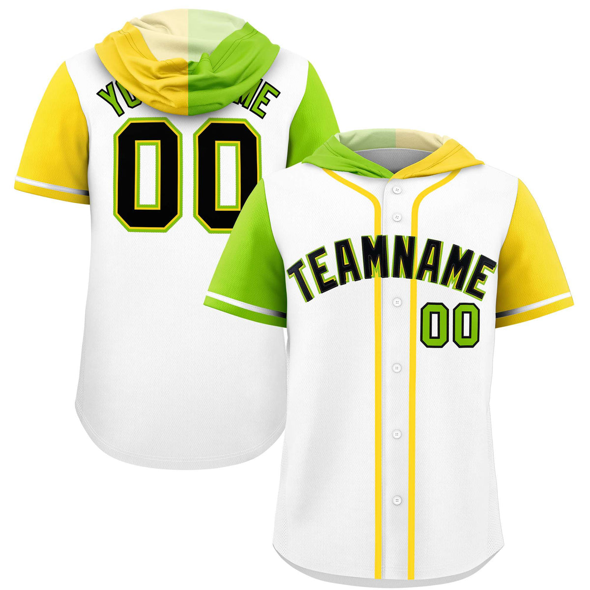 Custom White Neon Green and Gold Split Fashion Raglan Sleeves Authentic Baseball Hoodie Jersey