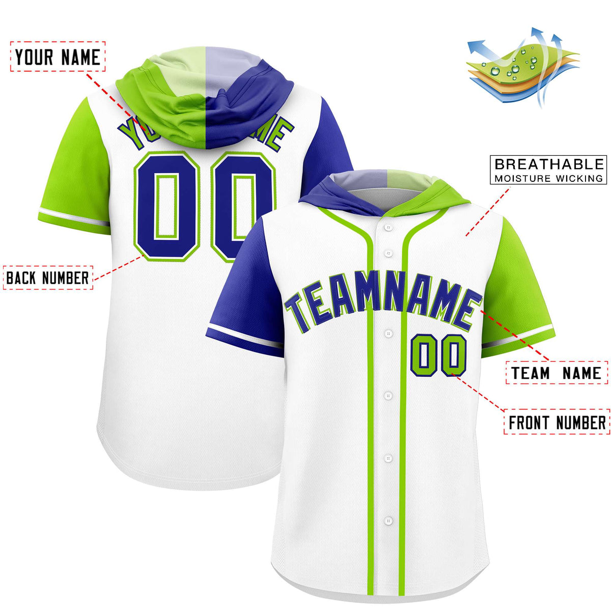 Custom White Royal and Neon Green Split Fashion Raglan Sleeves Authentic Baseball Hoodie Jersey
