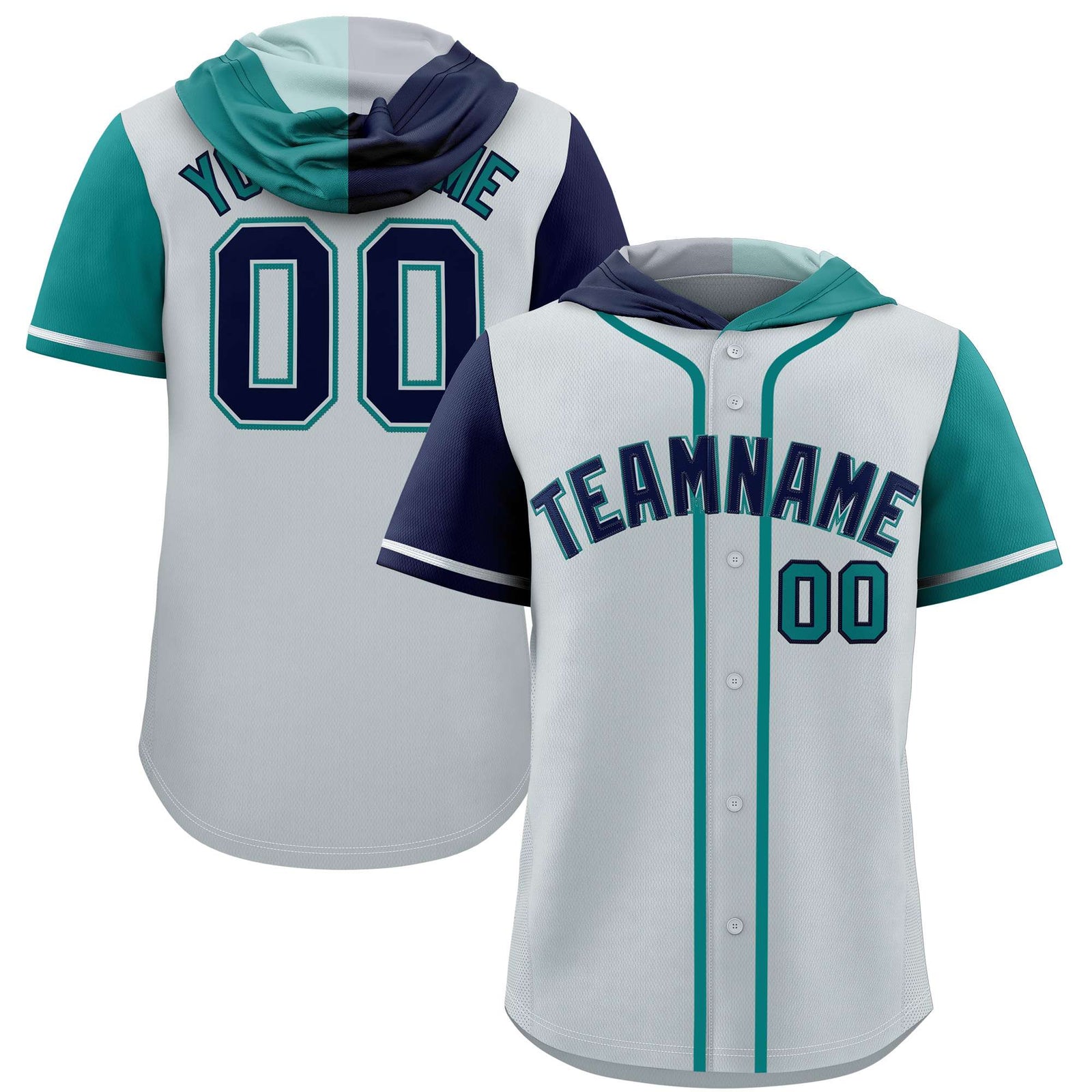 Custom Silver Navy and Aqua Split Fashion Raglan Sleeves Authentic Baseball Hoodie Jersey