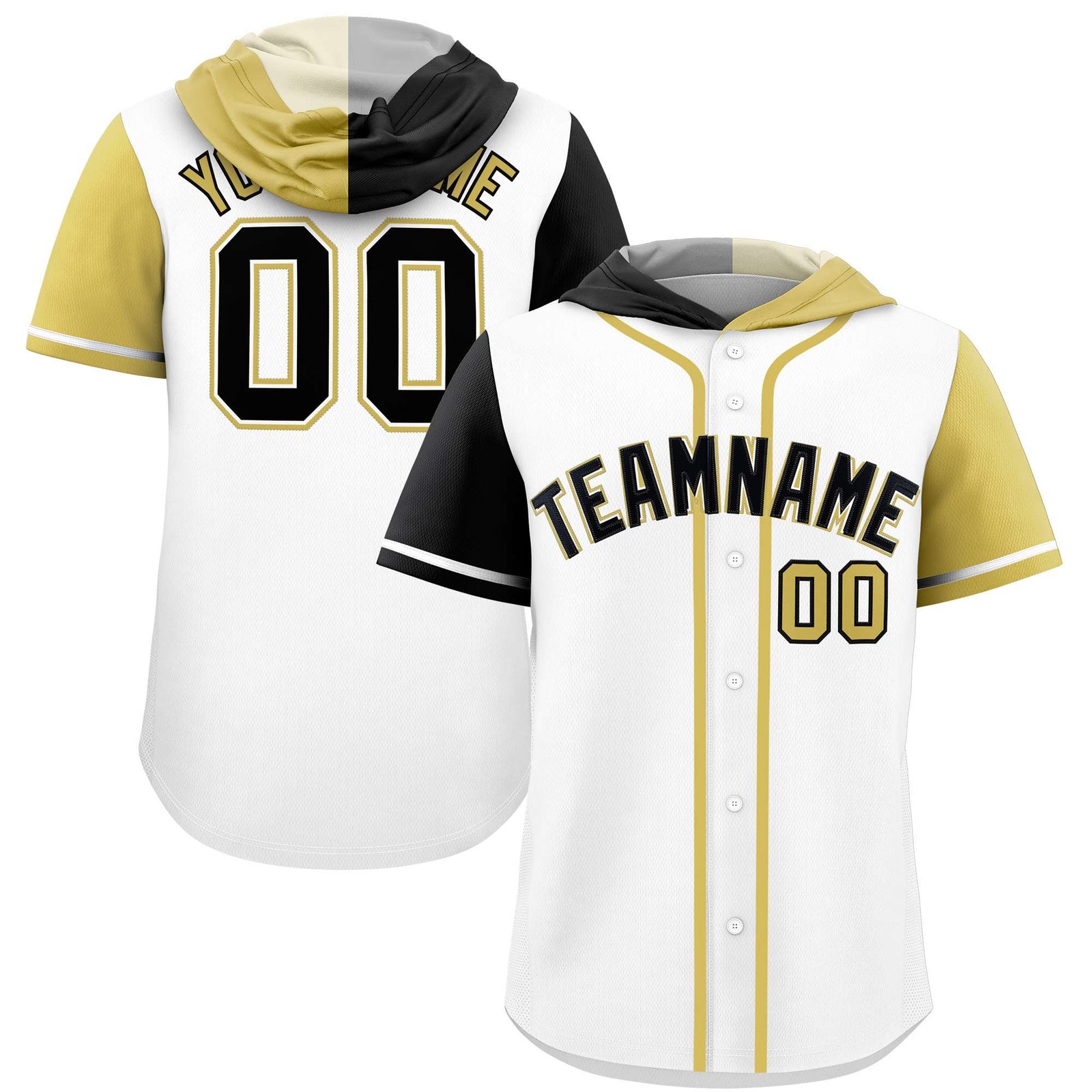 Custom White Black and Old Gold Split Fashion Raglan Sleeves Authentic Baseball Hoodie Jersey