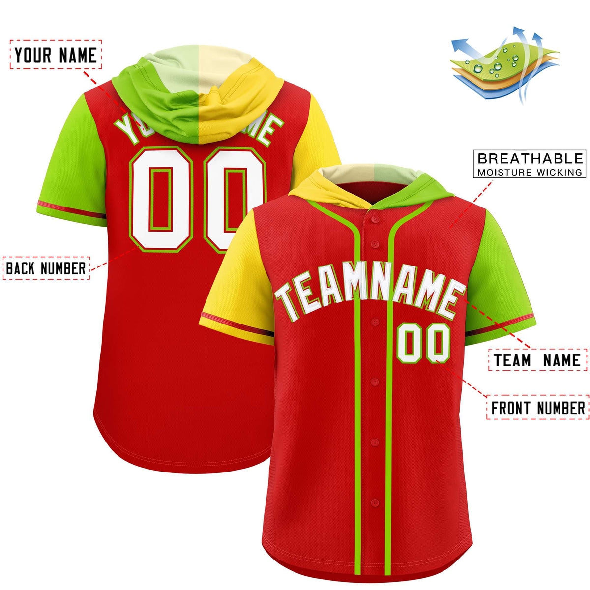 Custom Red Gold and Neon Green Split Fashion Raglan Sleeves Authentic Baseball Hoodie Jersey