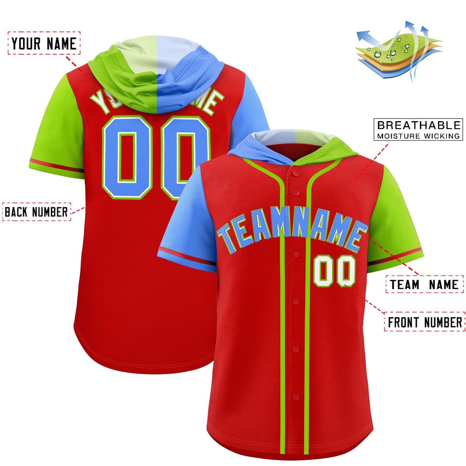 Custom Red Powder Blue and Neon Green Split Fashion Raglan Sleeves Authentic Baseball Hoodie Jersey