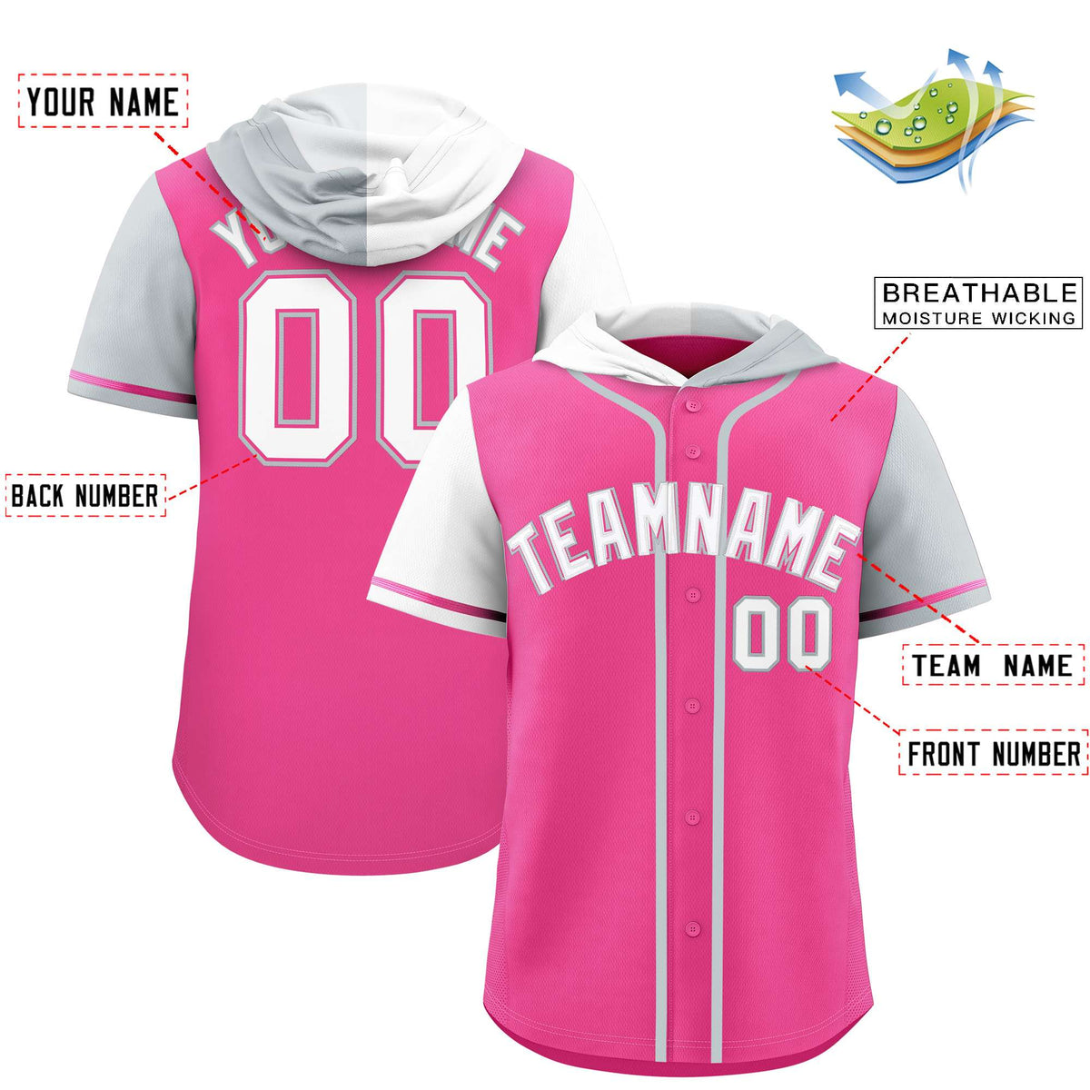 Custom Pink White and Silver Split Fashion Raglan Sleeves Authentic Baseball Hoodie Jersey