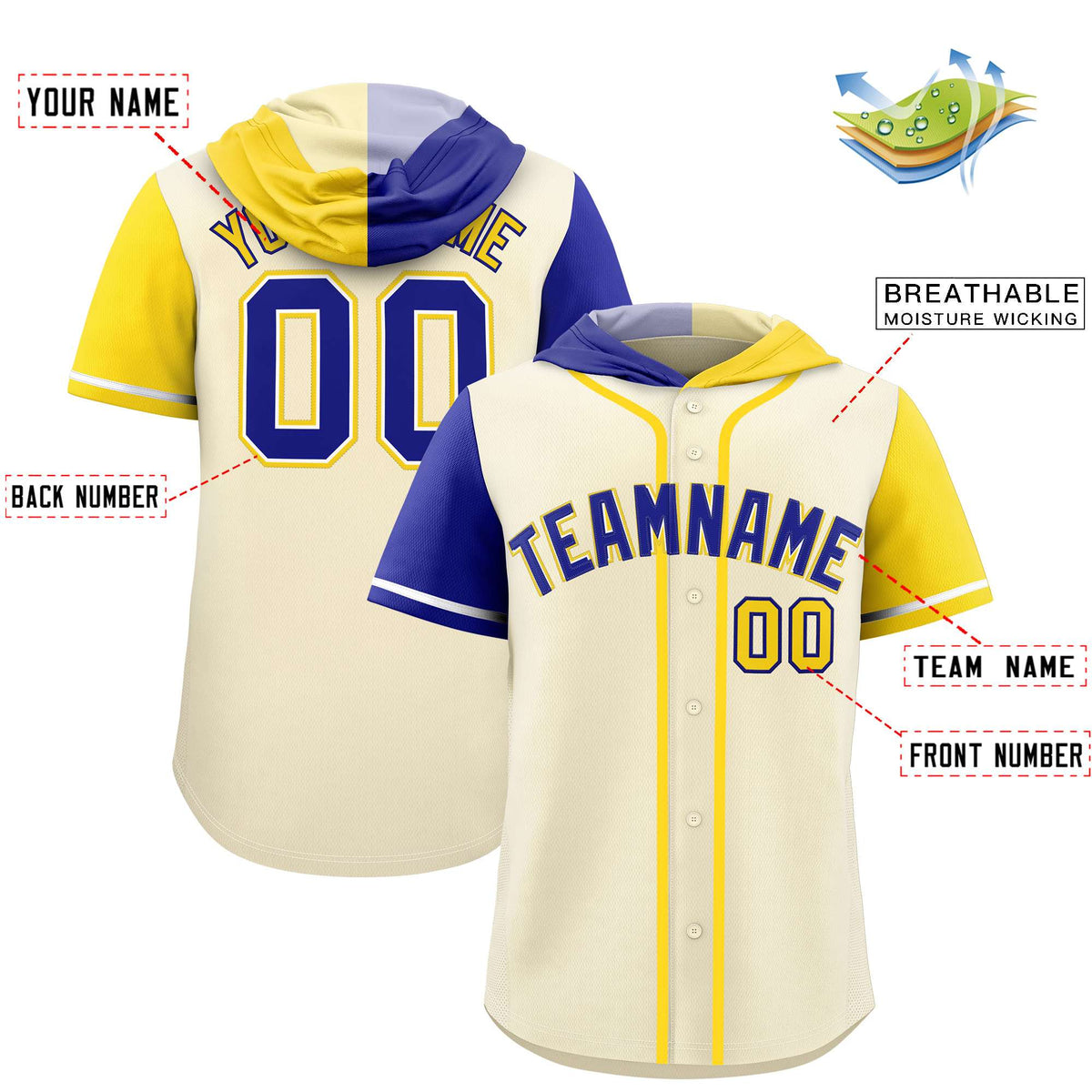 Custom Cream Royal and Gold Split Fashion Raglan Sleeves Authentic Baseball Hoodie Jersey