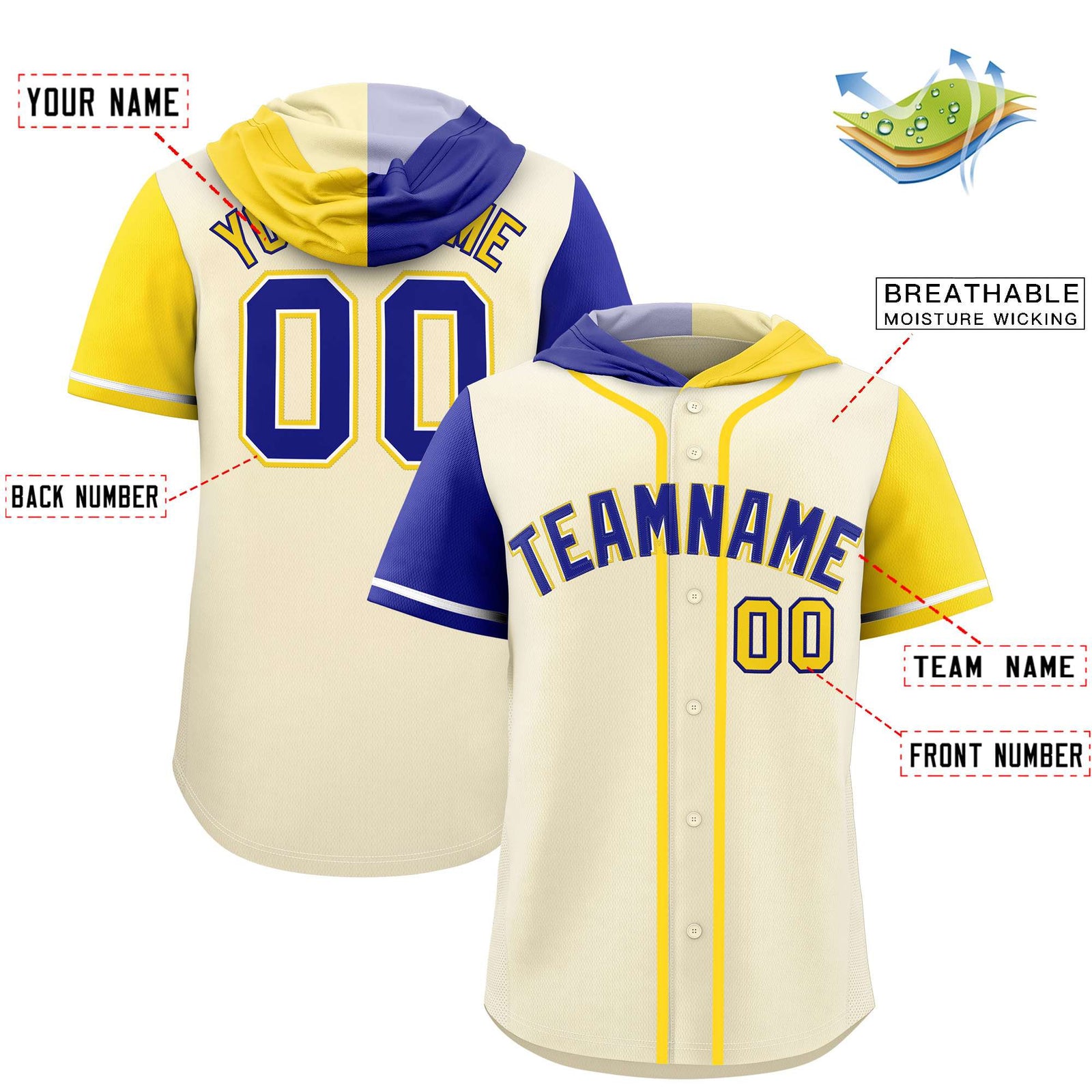 Custom Cream Royal and Gold Split Fashion Raglan Sleeves Authentic Baseball Hoodie Jersey