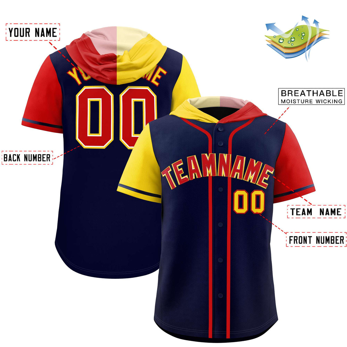 Custom Navy Gold and Red Split Fashion Raglan Sleeves Authentic Baseball Hoodie Jersey