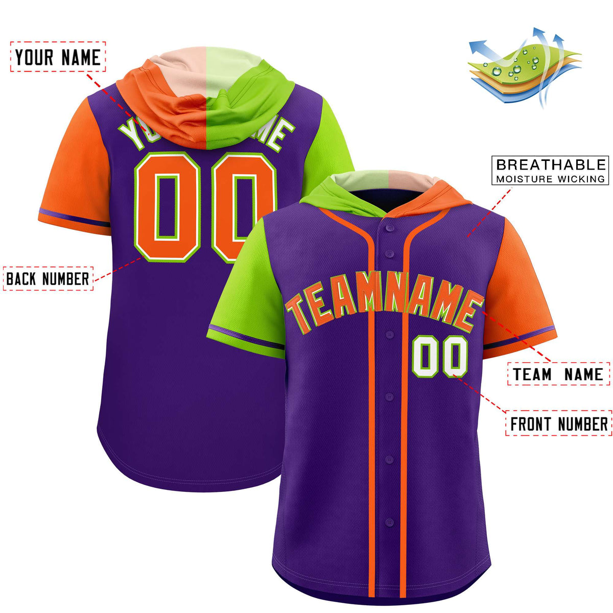 Custom Purple Neon Green and Orange Split Fashion Raglan Sleeves Authentic Baseball Hoodie Jersey