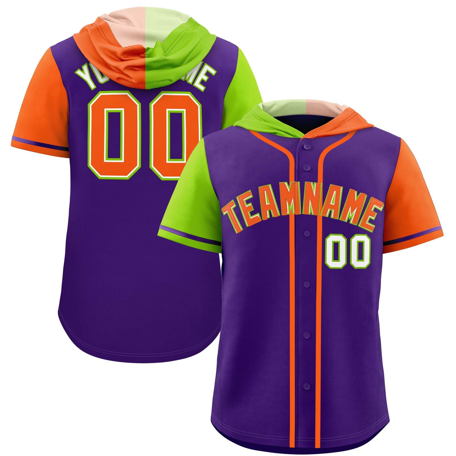 Custom Purple Neon Green and Orange Split Fashion Raglan Sleeves Authentic Baseball Hoodie Jersey