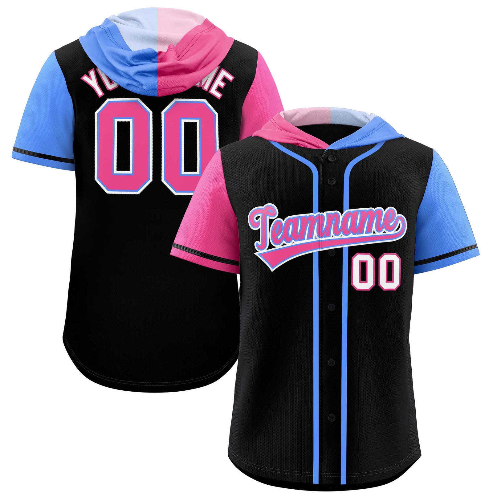 Custom Black Pink and Powder Blue Split Fashion Raglan Sleeves Authentic Baseball Hoodie Jersey
