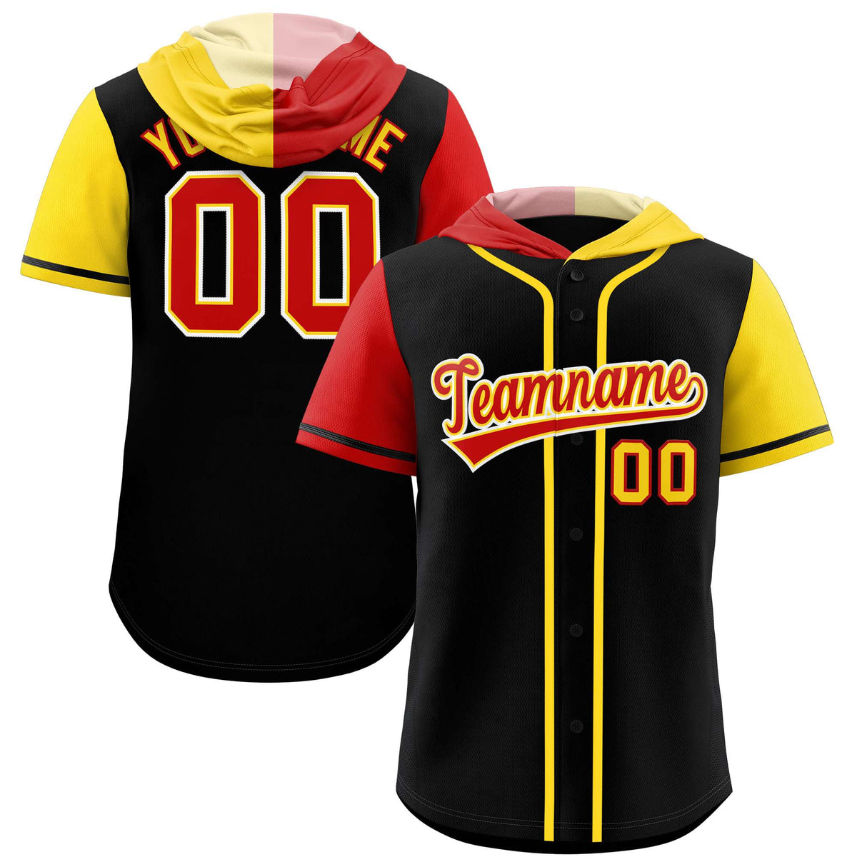 Custom Black Red and Gold Split Fashion Raglan Sleeves Authentic Baseball Hoodie Jersey