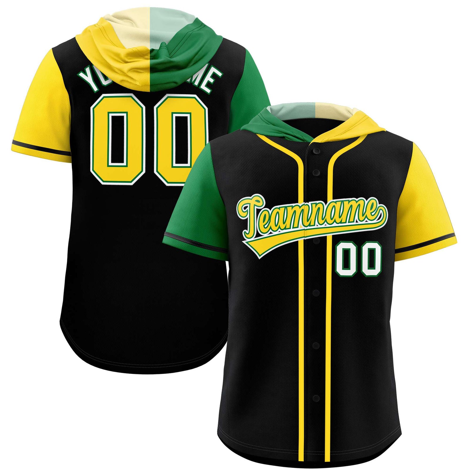 Custom Black Kelly Green and Gold Split Fashion Raglan Sleeves Authentic Baseball Hoodie Jersey