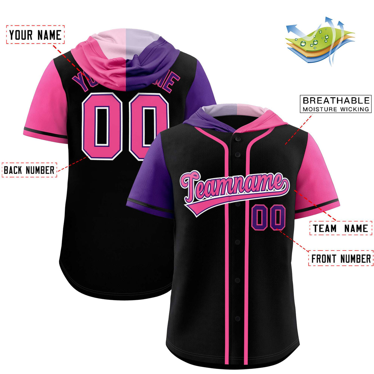 Custom Black Purple and Pink Split Fashion Raglan Sleeves Authentic Baseball Hoodie Jersey