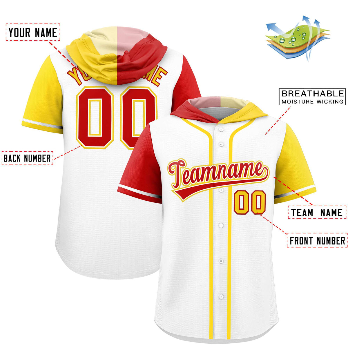 Custom White Red and Gold Split Fashion Raglan Sleeves Authentic Baseball Hoodie Jersey