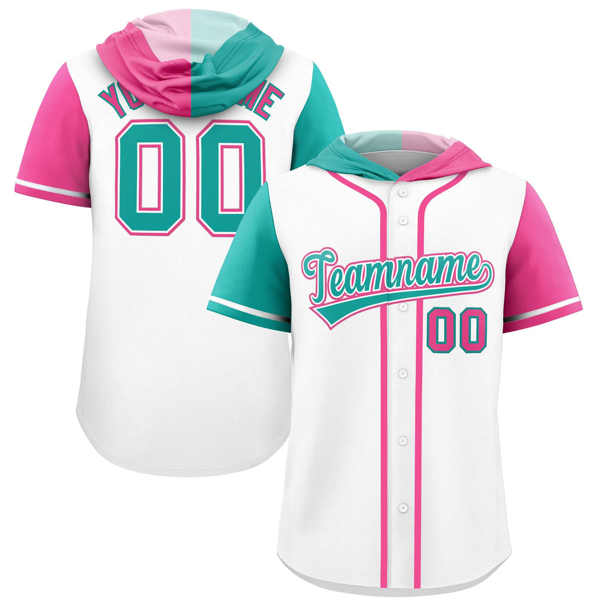Custom White Aqua and Pink Split Fashion Raglan Sleeves Authentic Baseball Hoodie Jersey