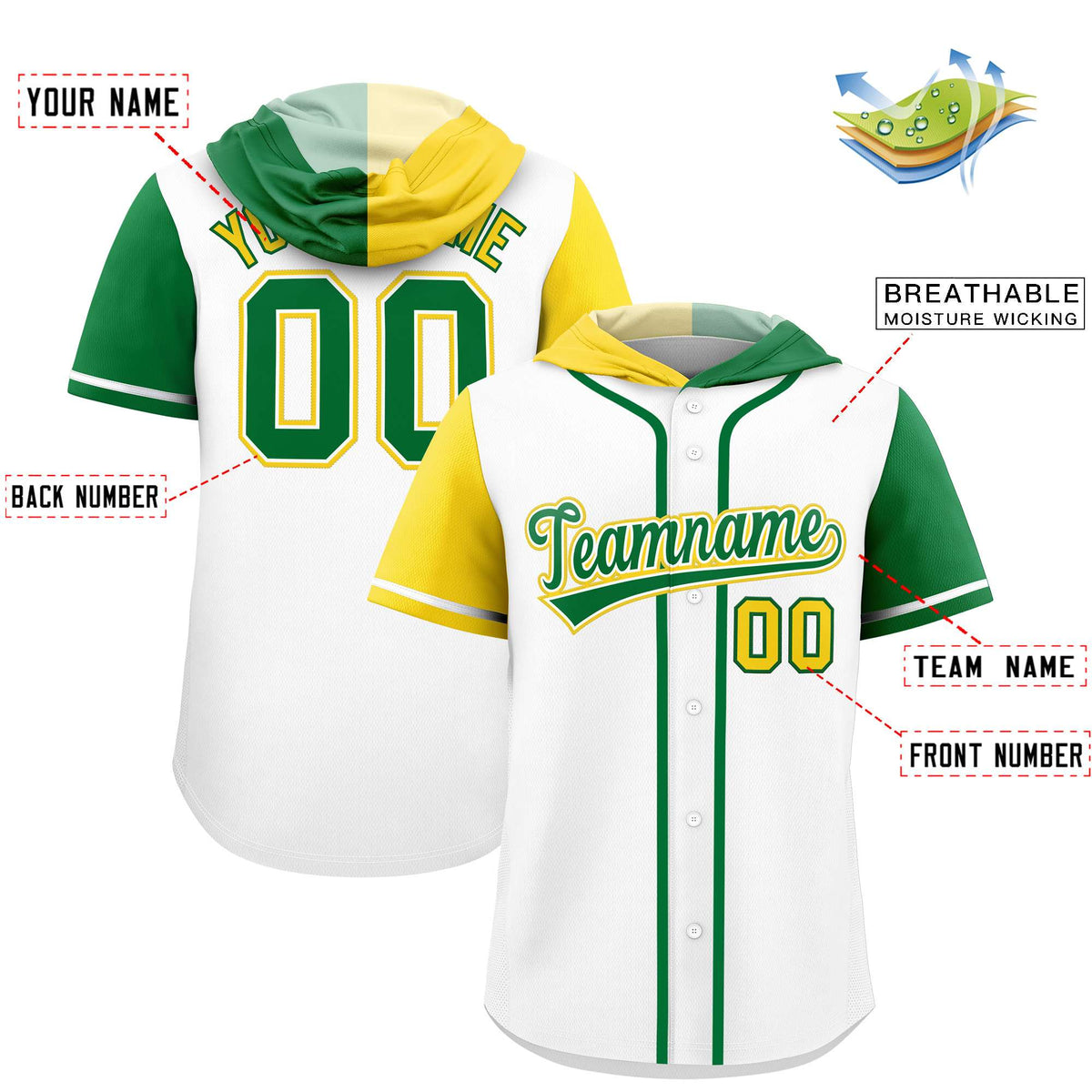Custom White Gold and Kelly Green Split Fashion Raglan Sleeves Authentic Baseball Hoodie Jersey