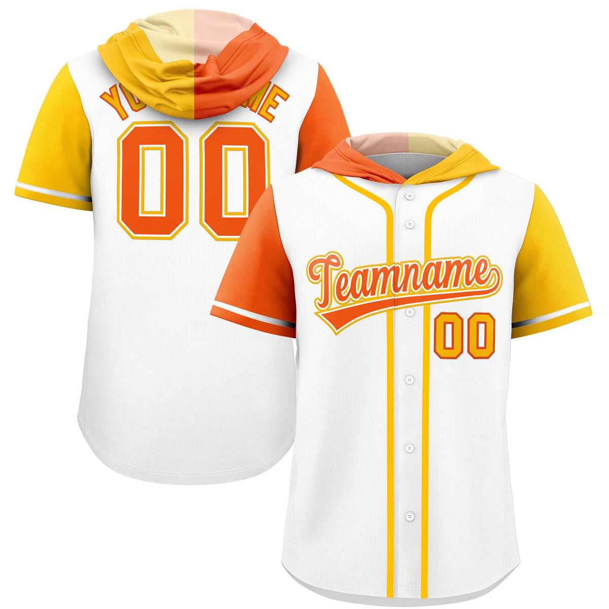 Custom White Orange and Gold Split Fashion Raglan Sleeves Authentic Baseball Hoodie Jersey