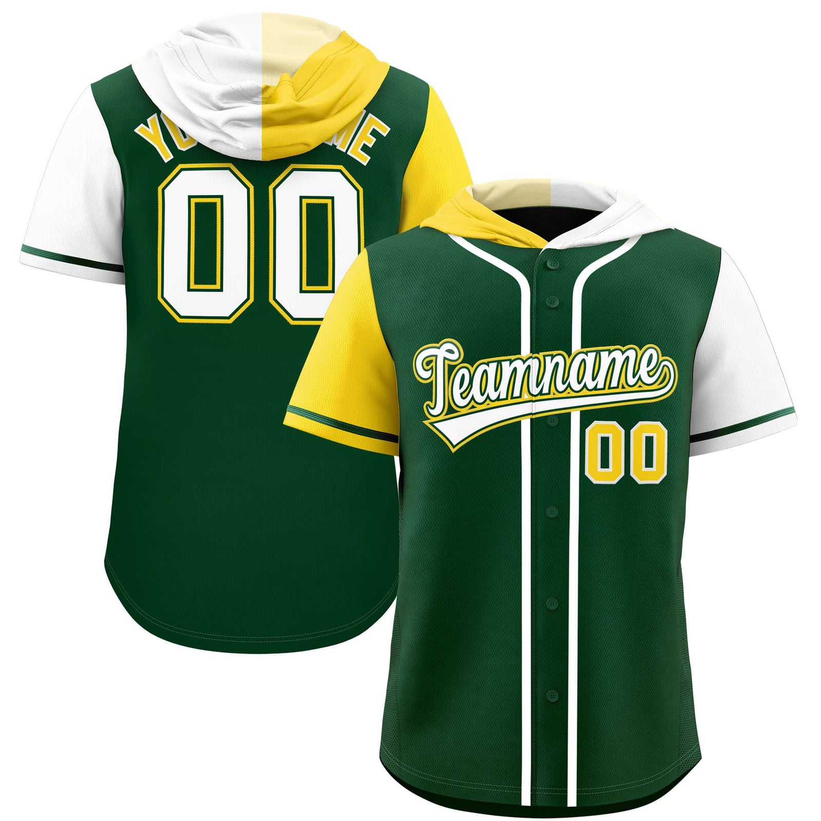Custom Green Gold and White Split Fashion Raglan Sleeves Authentic Baseball Hoodie Jersey