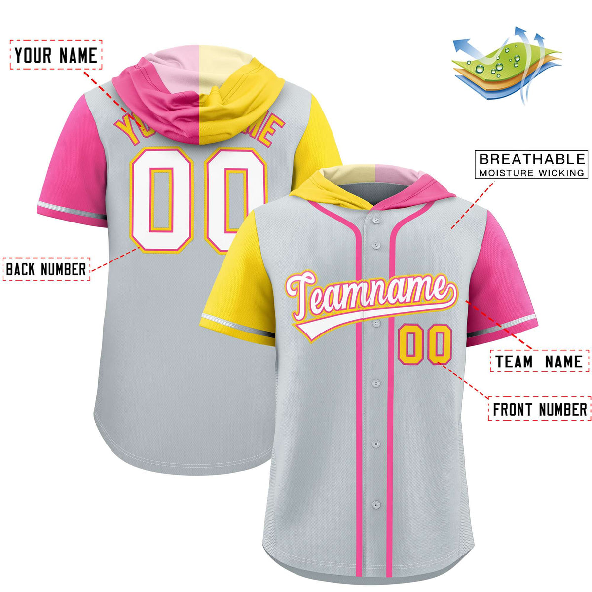 Custom Silver Gold and Pink Split Fashion Raglan Sleeves Authentic Baseball Hoodie Jersey