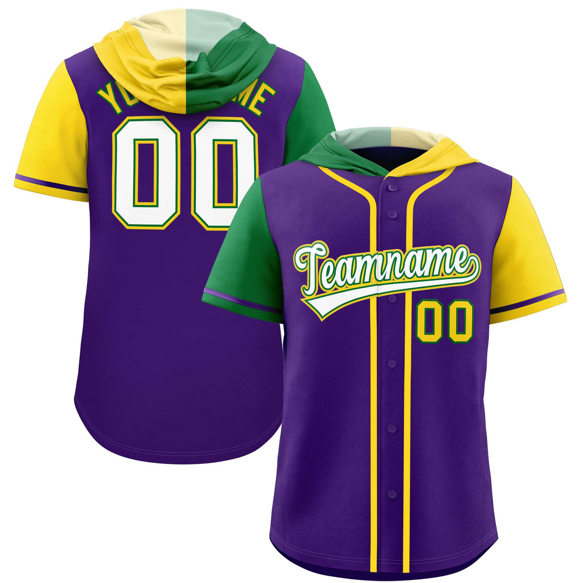 Custom Purple Kelly Green and Gold Split Fashion Raglan Sleeves Authentic Baseball Hoodie Jersey