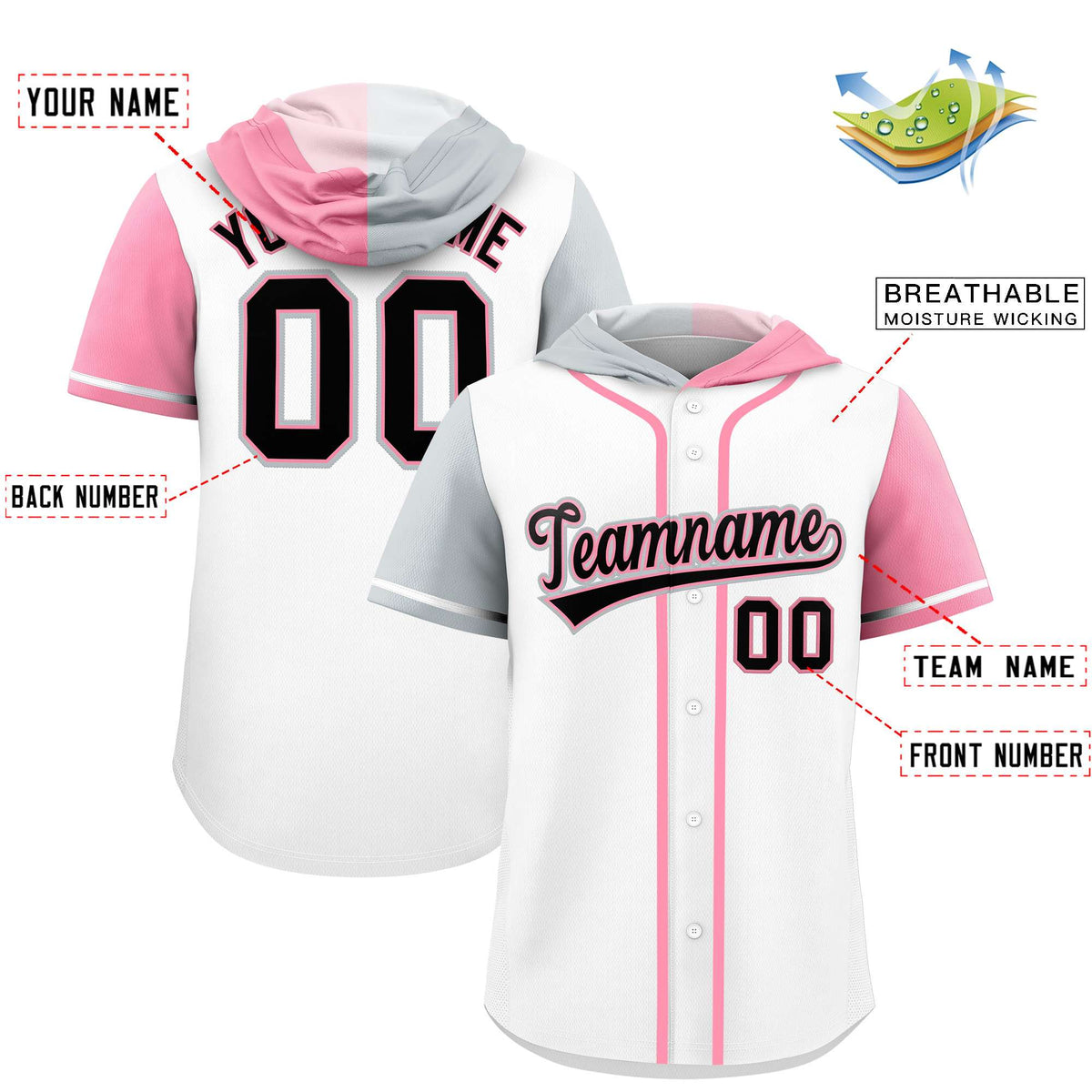 Custom White Silver and Light Pink Split Fashion Raglan Sleeves Authentic Baseball Hoodie Jersey