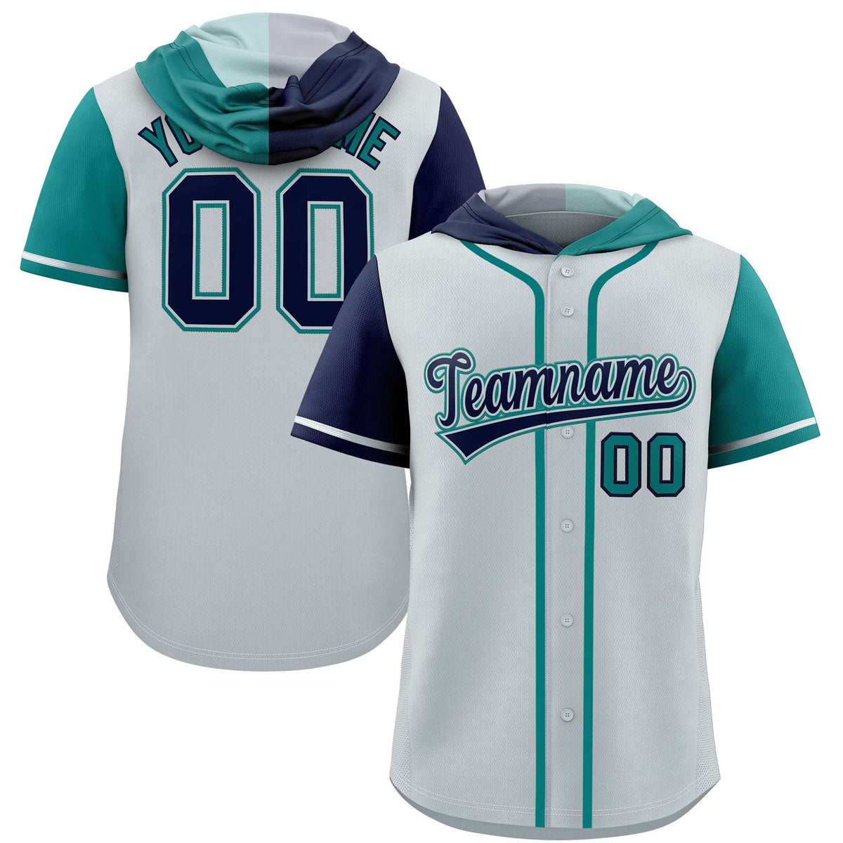 Custom Silver Navy and Aqua Split Fashion Raglan Sleeves Authentic Baseball Hoodie Jersey