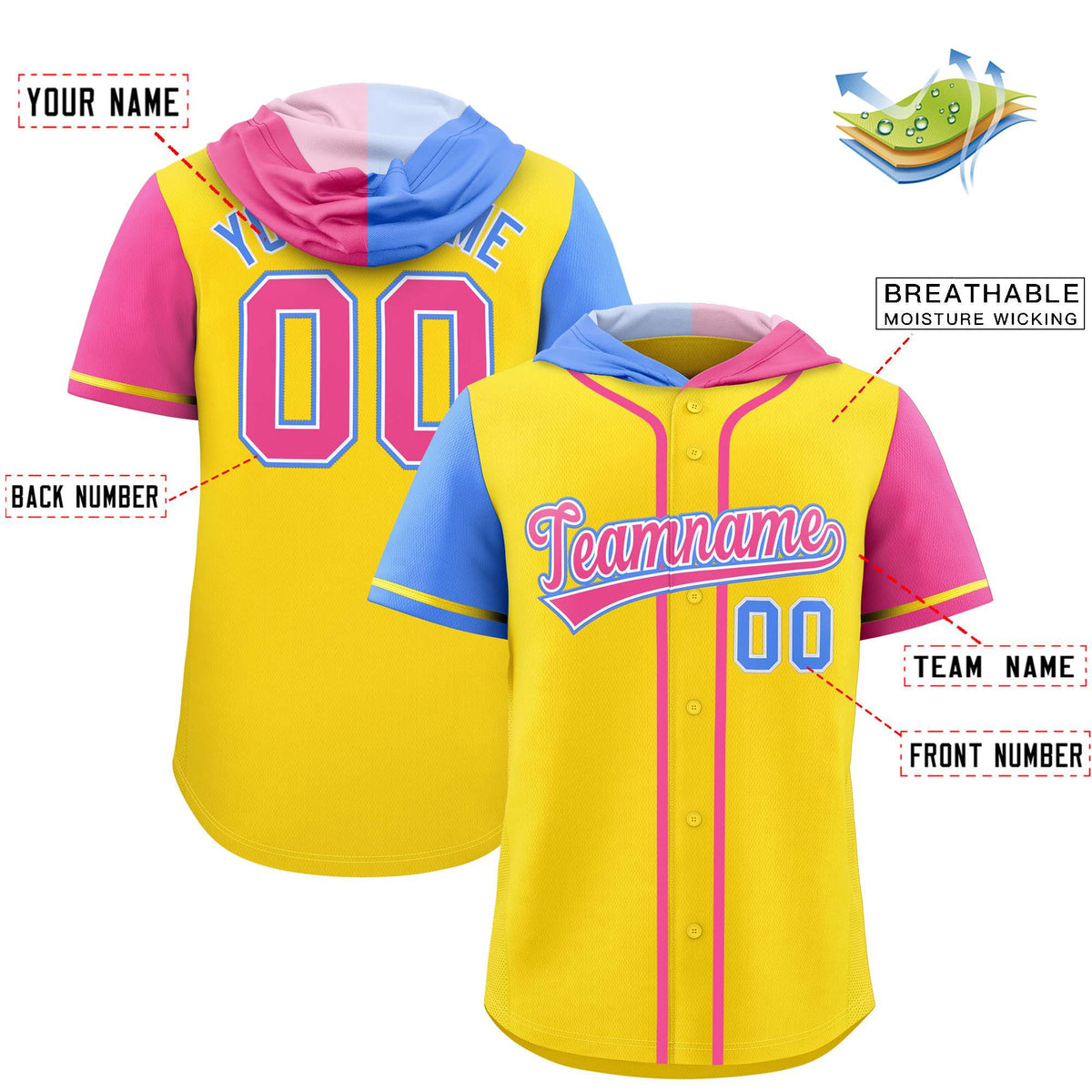 Custom Gold Powder Blue and Pink Split Fashion Raglan Sleeves Authentic Baseball Hoodie Jersey