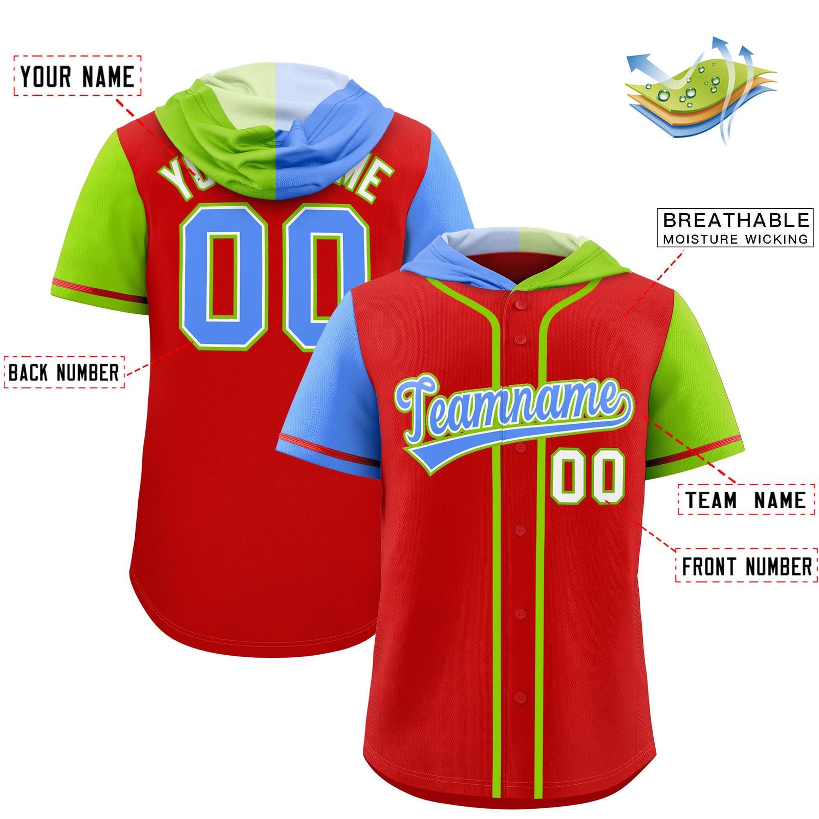 Custom Red Powder Blue and Neon Green Split Fashion Raglan Sleeves Authentic Baseball Hoodie Jersey