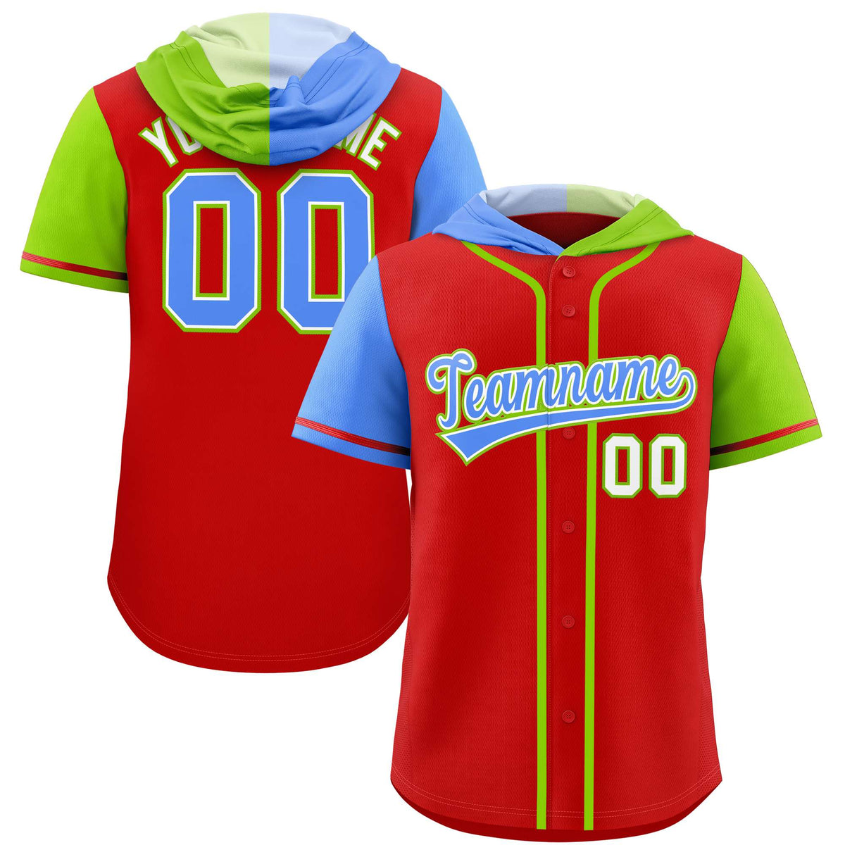 Custom Red Powder Blue and Neon Green Split Fashion Raglan Sleeves Authentic Baseball Hoodie Jersey