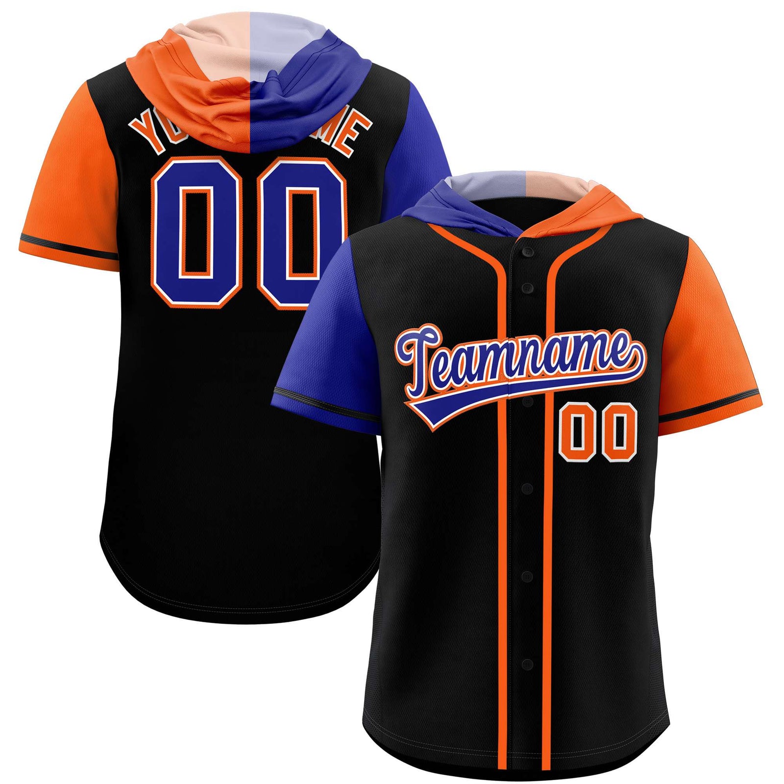Custom Black Royal and Orange Split Fashion Raglan Sleeves Authentic Baseball Hoodie Jersey