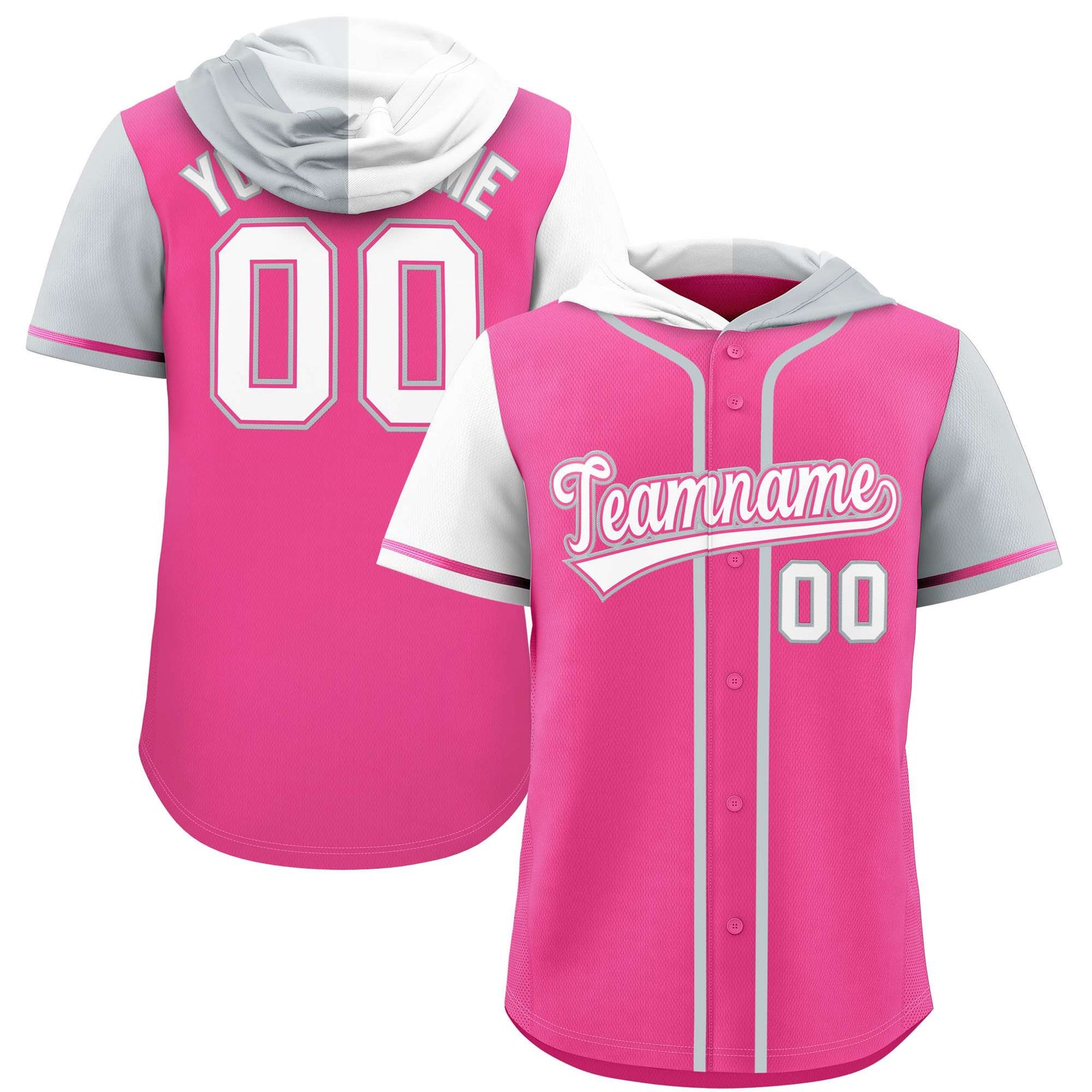 Custom Pink White and Silver Split Fashion Raglan Sleeves Authentic Baseball Hoodie Jersey