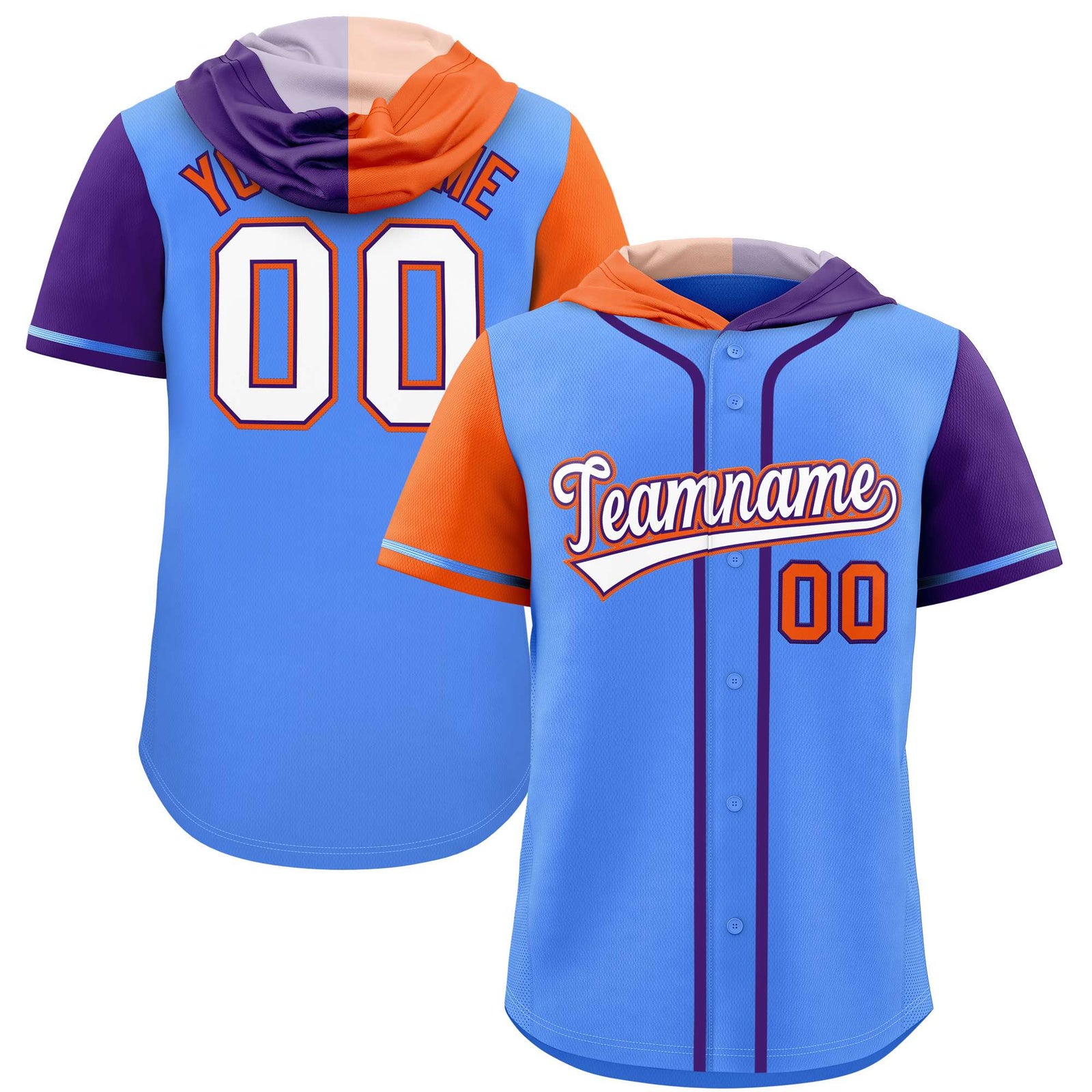 Custom Powder Blue Orange and Purple Split Fashion Raglan Sleeves Authentic Baseball Hoodie Jersey