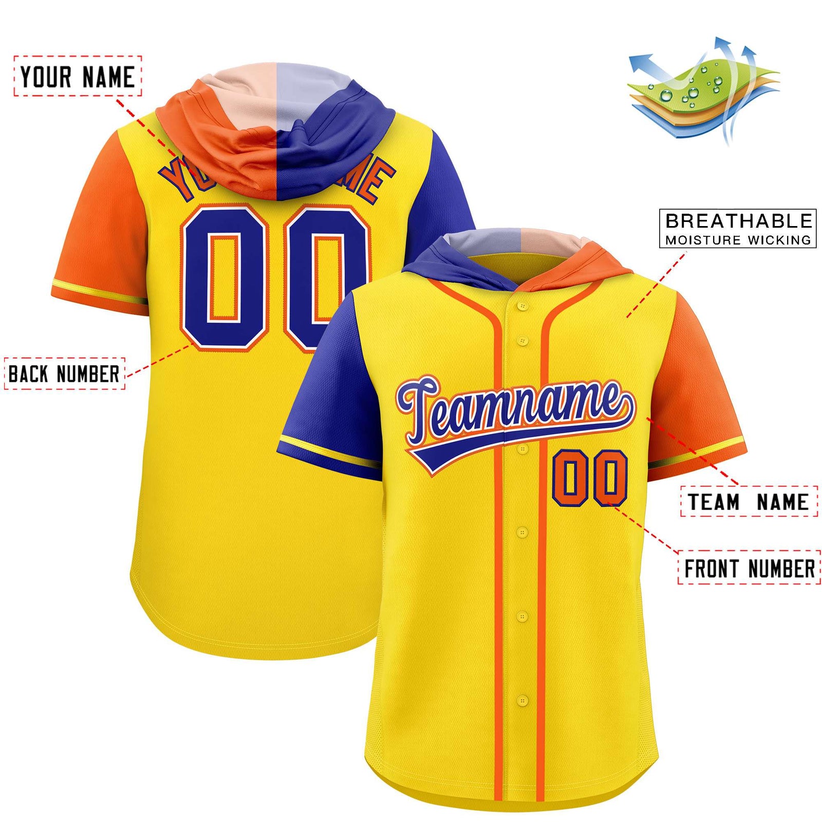 Custom Gold Royal and Orange Split Fashion Raglan Sleeves Authentic Baseball Hoodie Jersey