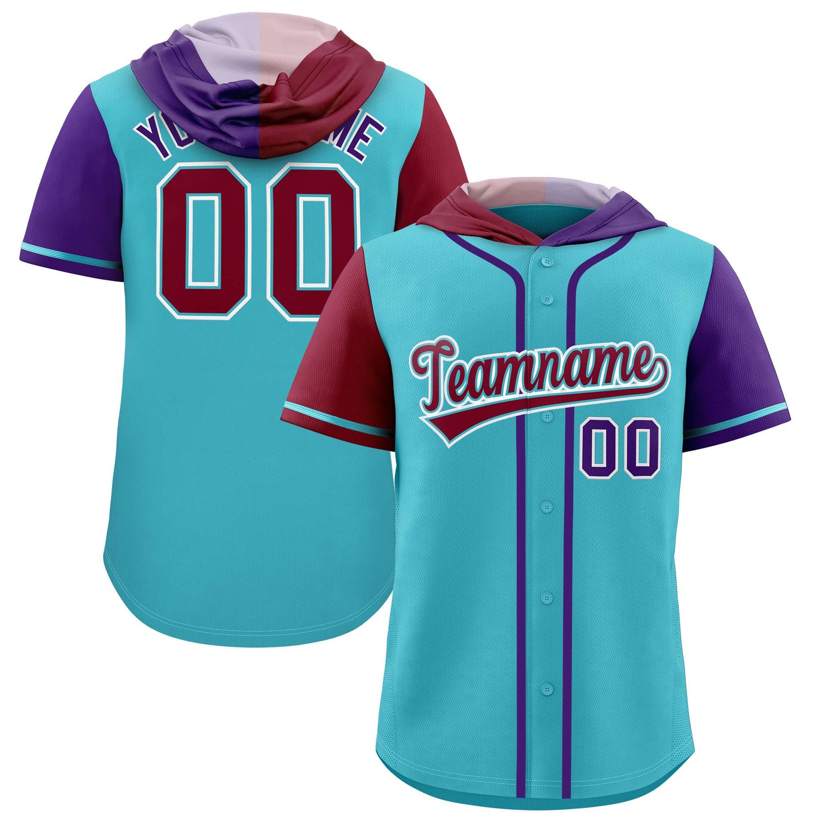 Custom Sky Blue Crimson and Purple Split Fashion Raglan Sleeves Authentic Baseball Hoodie Jersey