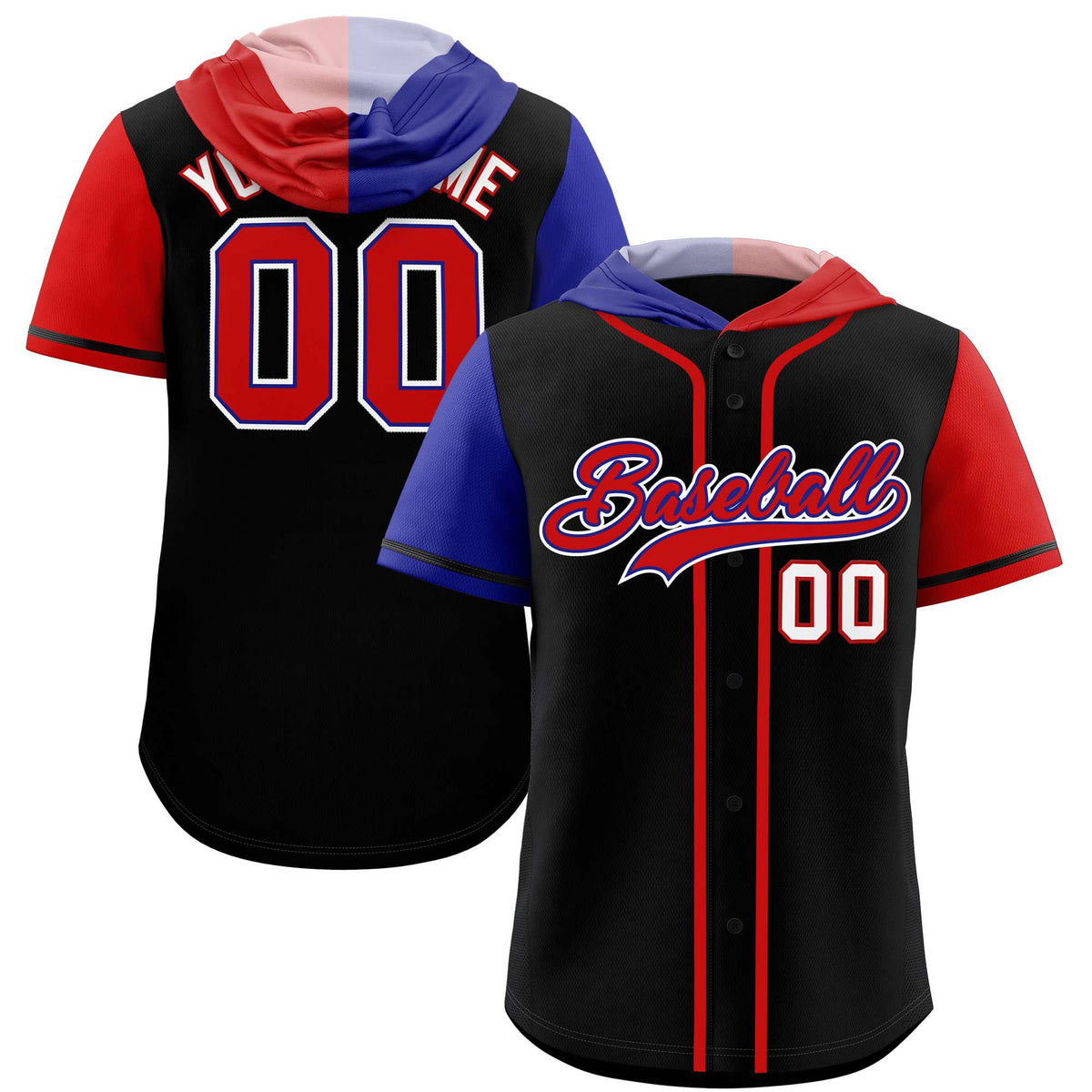 Custom Black Royal and Red Split Fashion Raglan Sleeves Authentic Baseball Hoodie Jersey