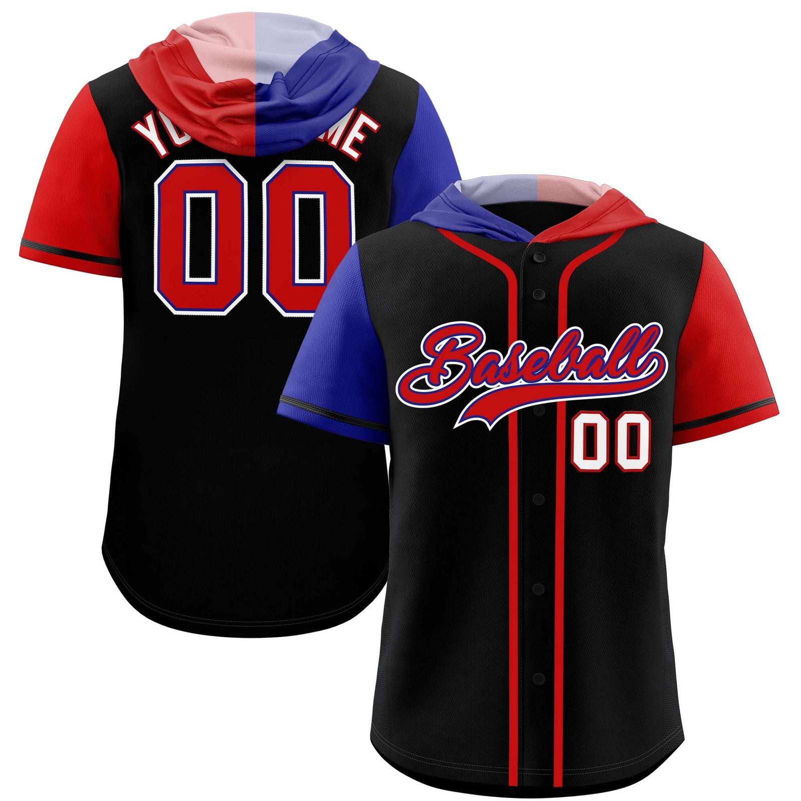 Custom Black Royal and Red Split Fashion Raglan Sleeves Authentic Baseball Hoodie Jersey