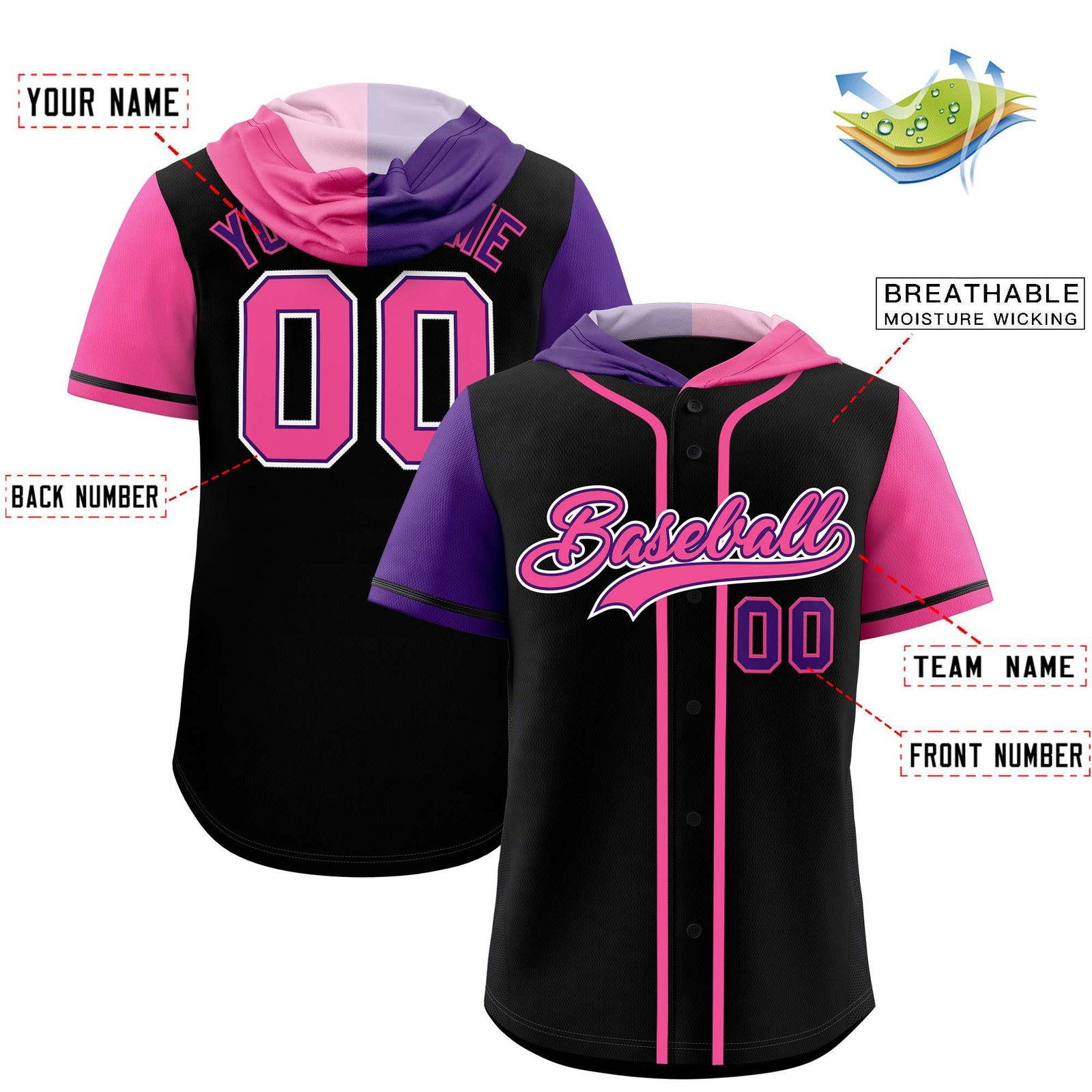 Custom Black Purple and Pink Split Fashion Raglan Sleeves Authentic Baseball Hoodie Jersey