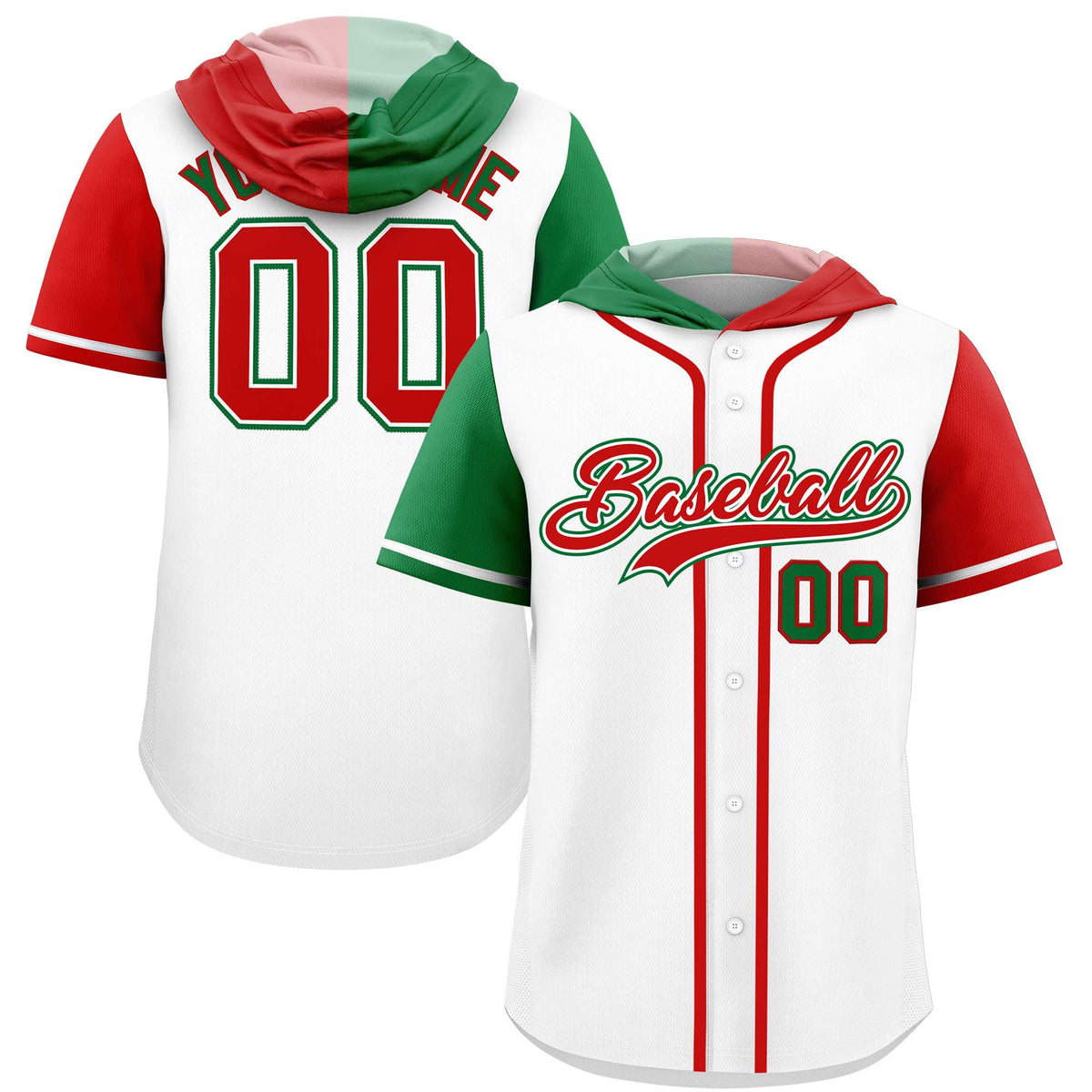 Custom White Kelly Green and Red Split Fashion Raglan Sleeves Authentic Baseball Hoodie Jersey
